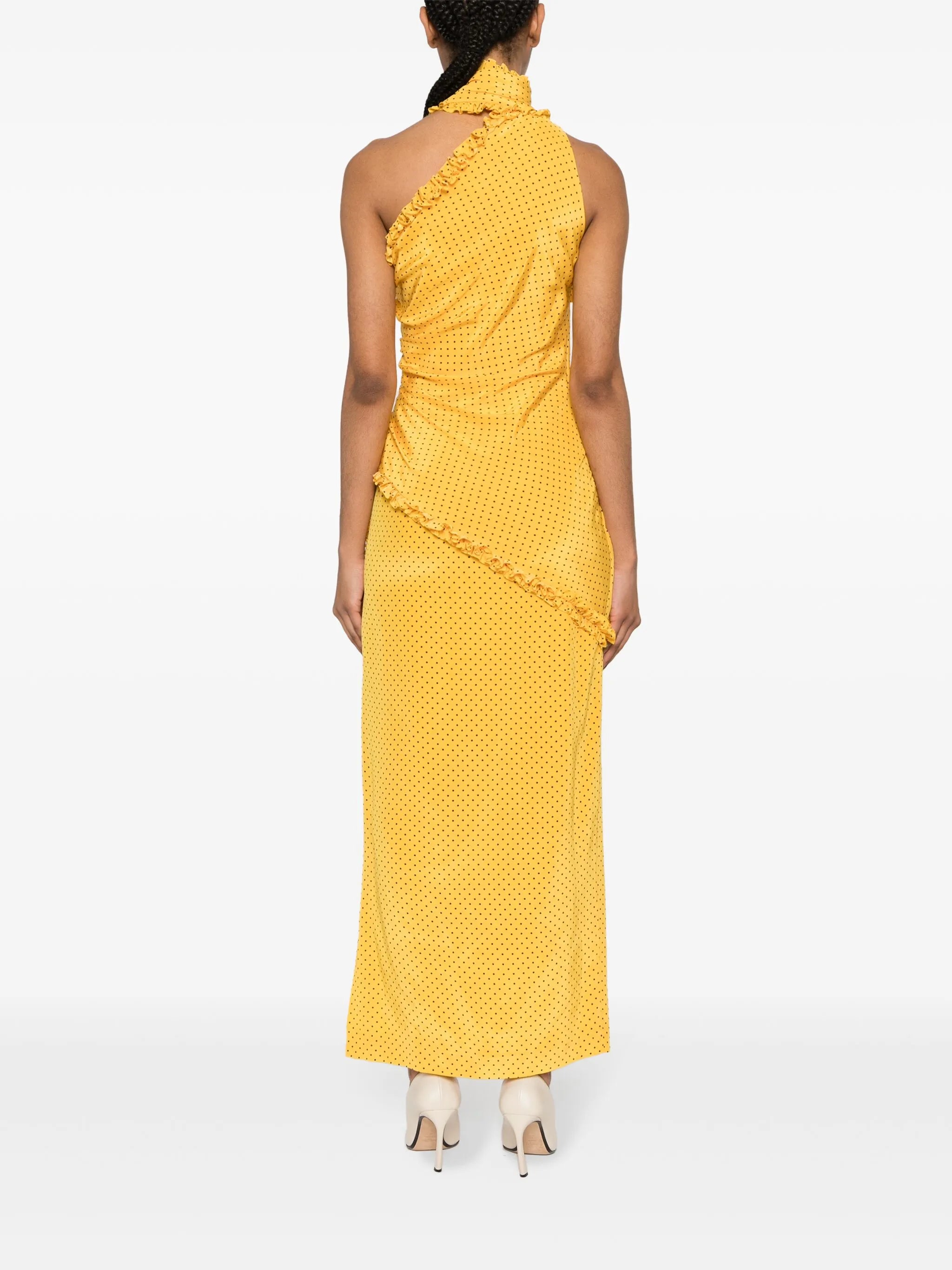 polka-dot frilled maxi dress