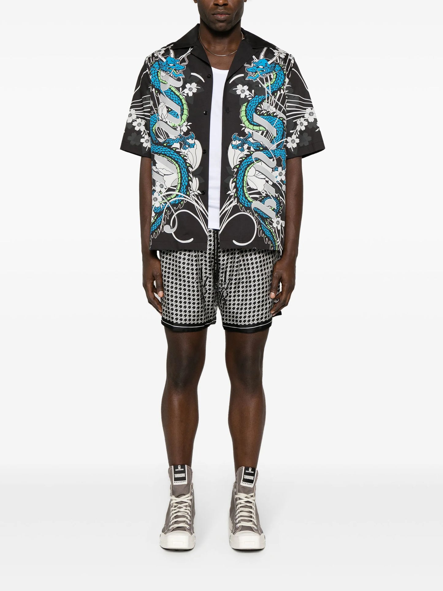 Staggard printed silk shorts