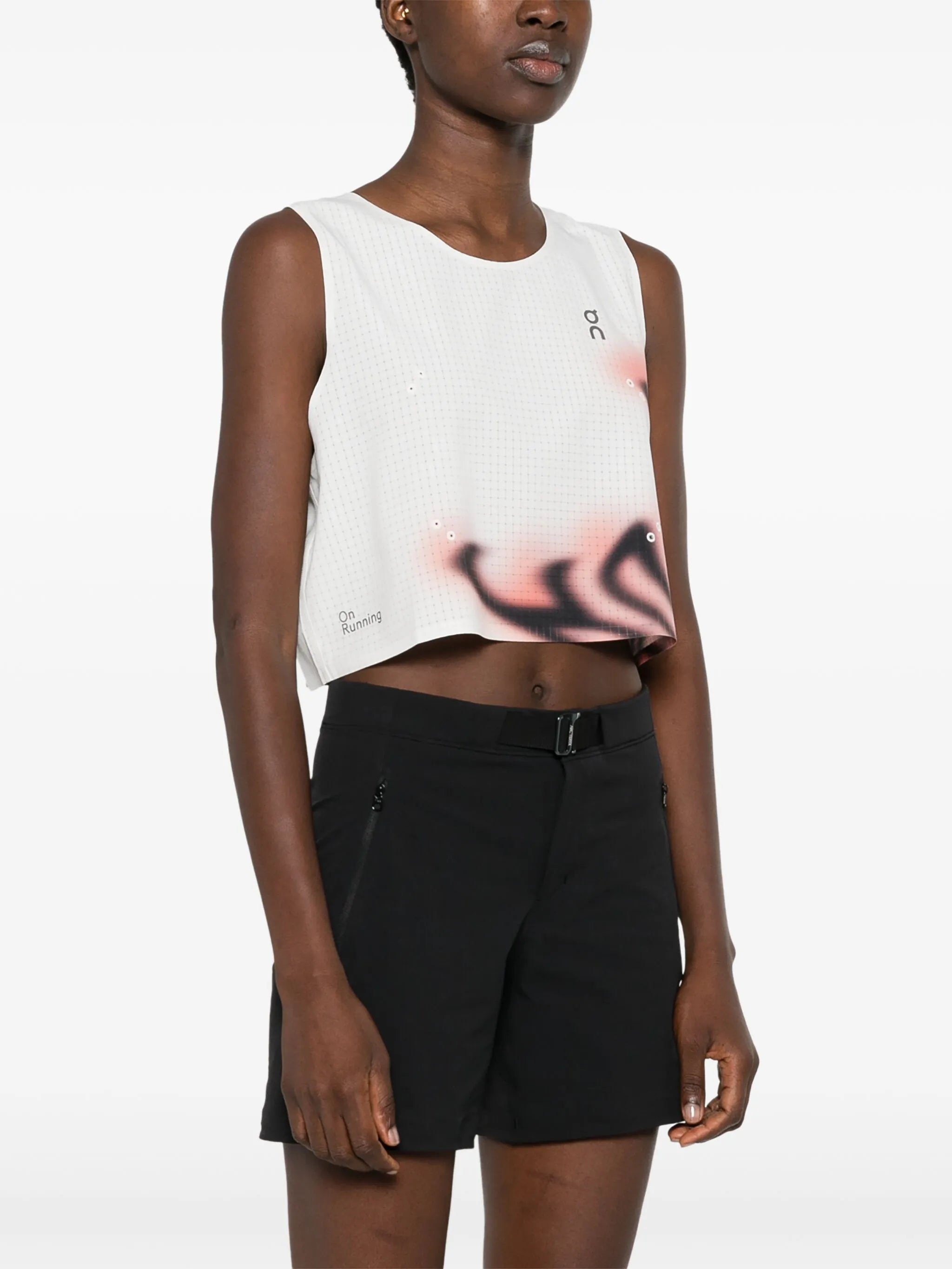 windowpane-print sleeveless performance top