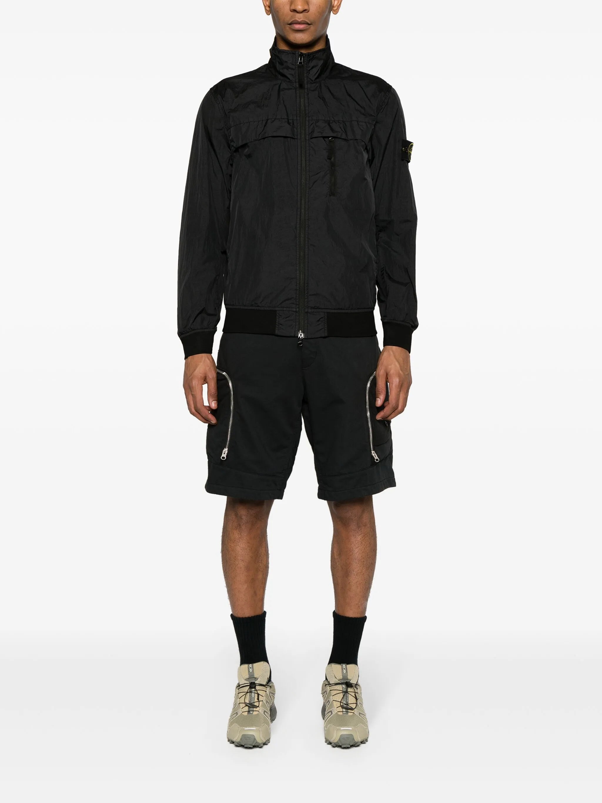 Compass-badge crinkle bomber jacket