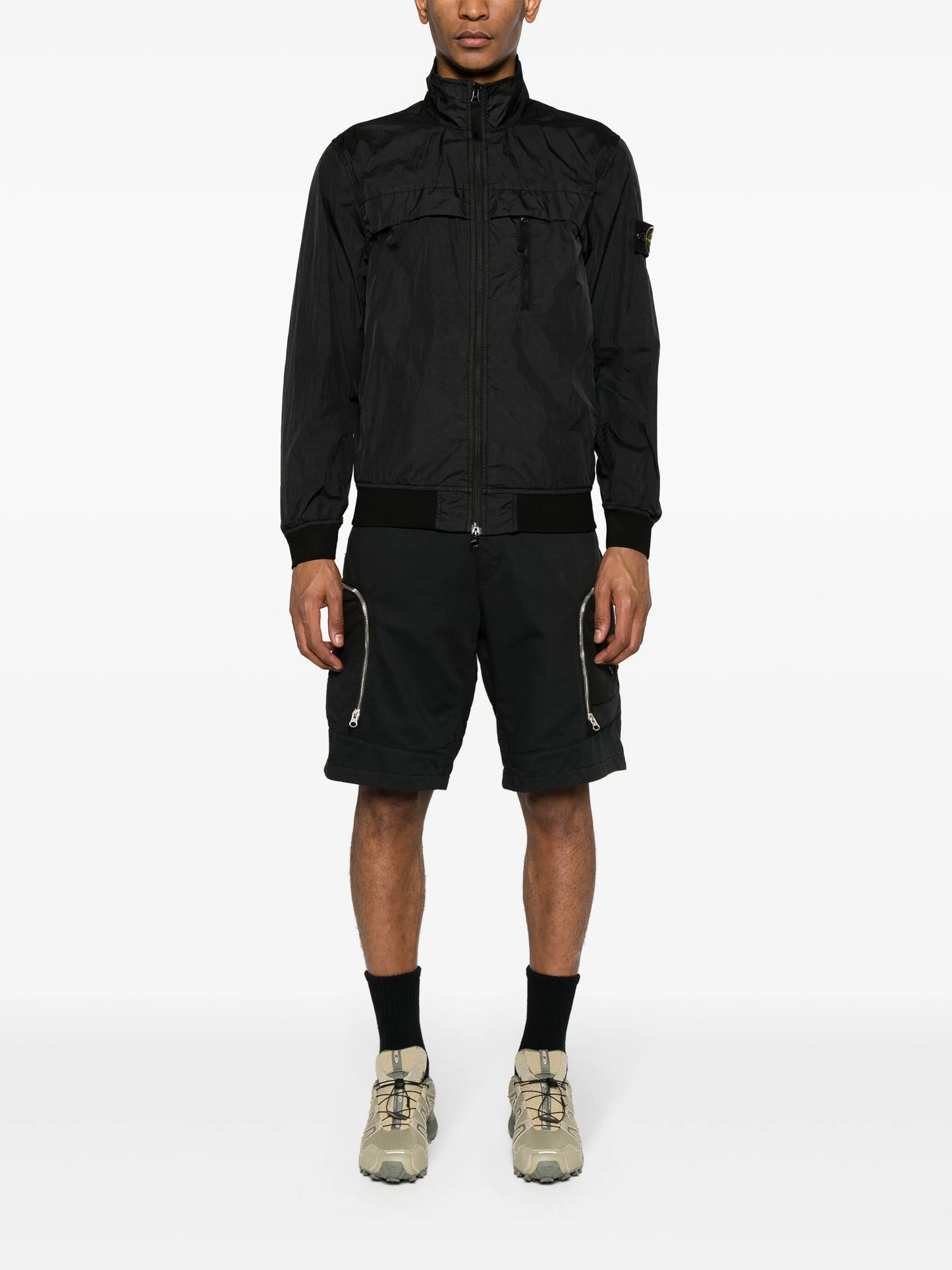 Compass-badge crinkle bomber jacket