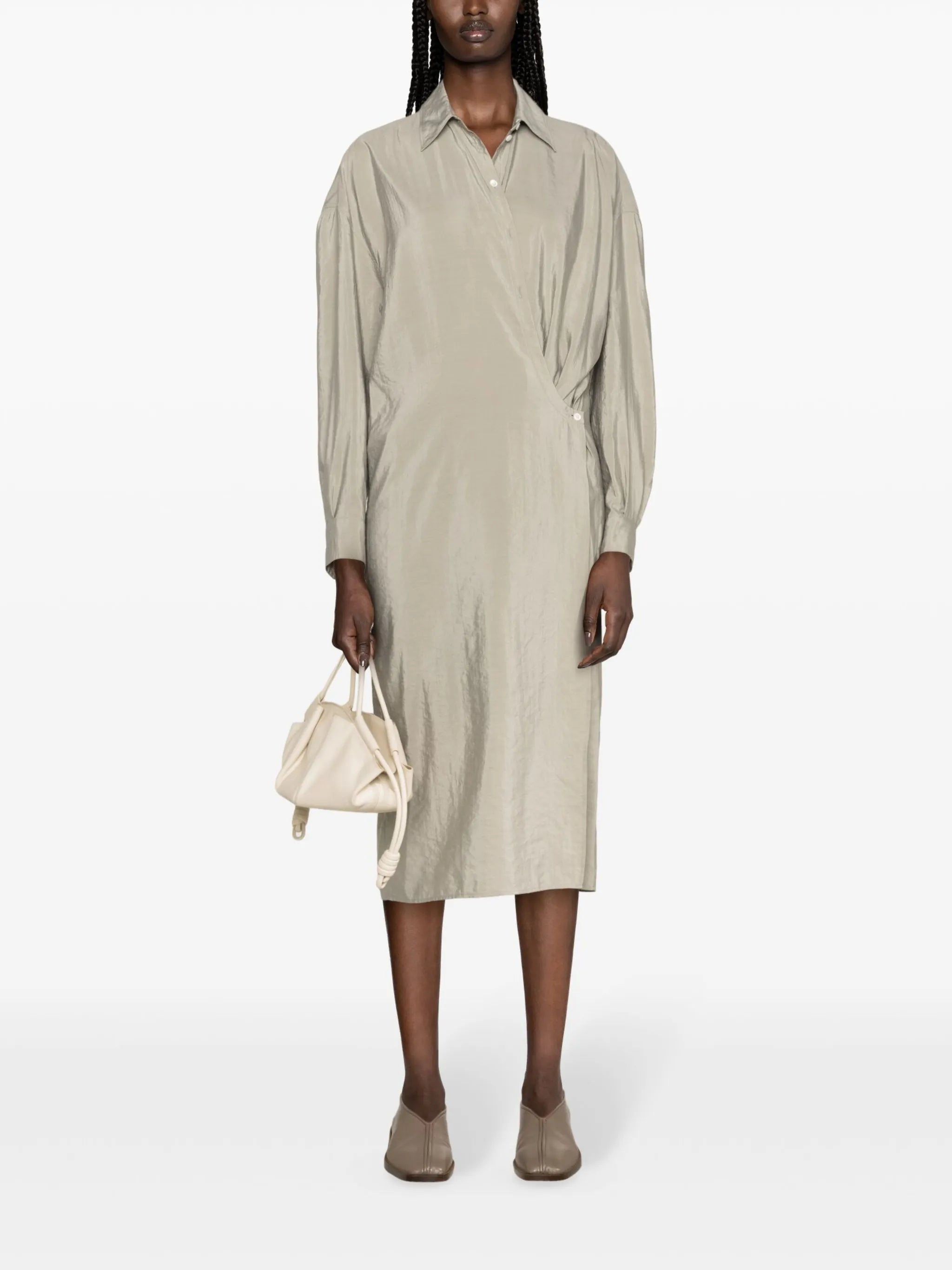 crinkled wrap midi dress