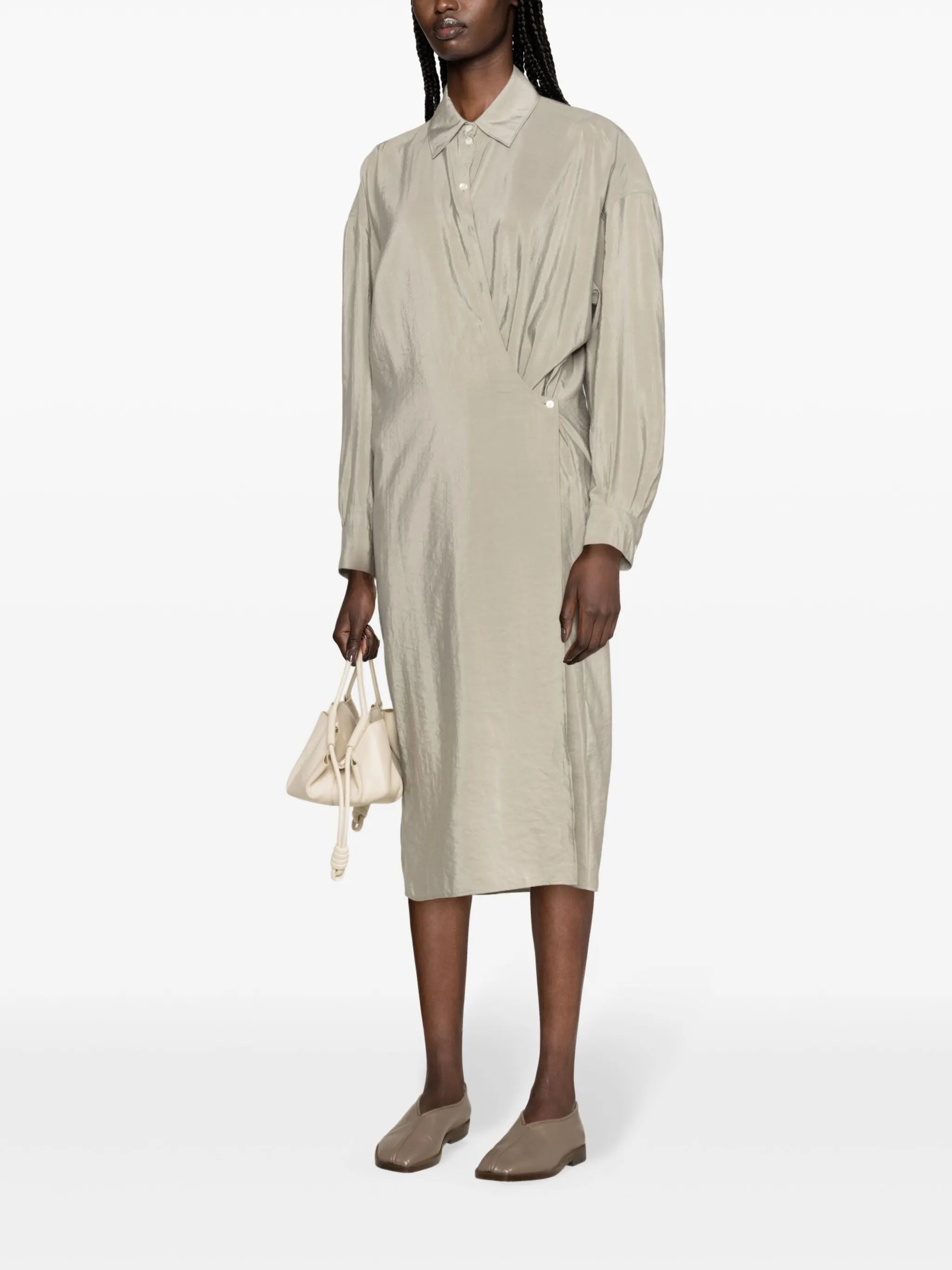 crinkled wrap midi dress