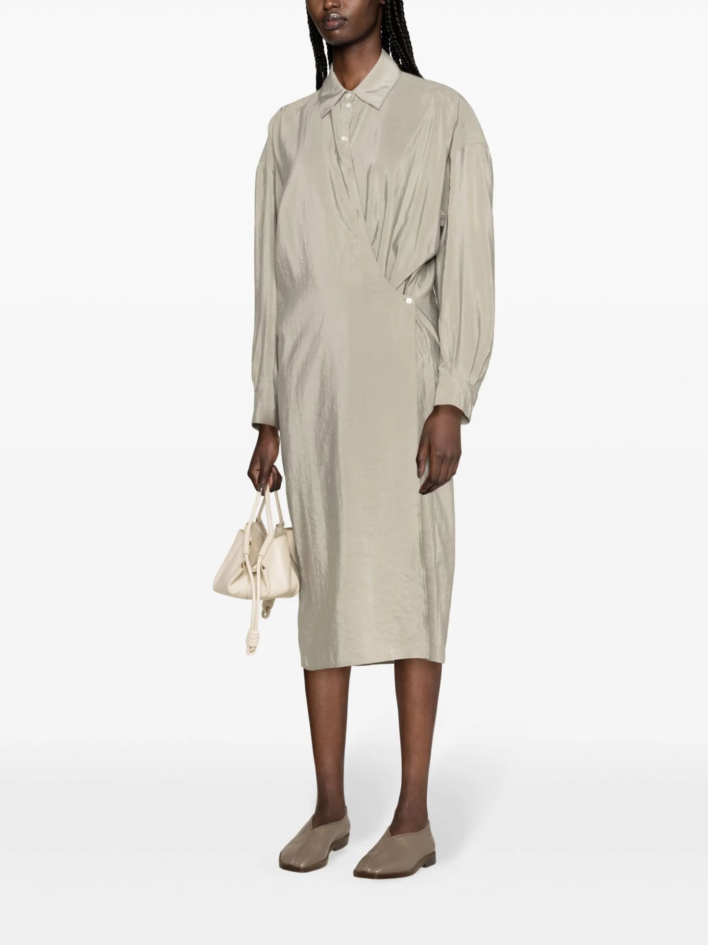 crinkled wrap midi dress