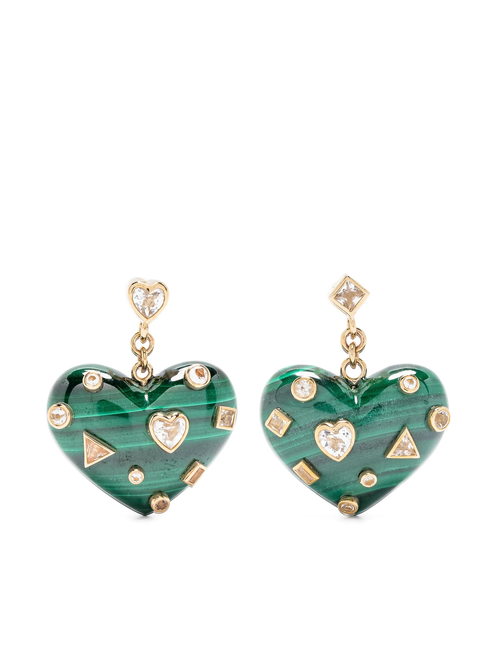 9kt yellow gold Confetti Heart topaz and malachite earrings