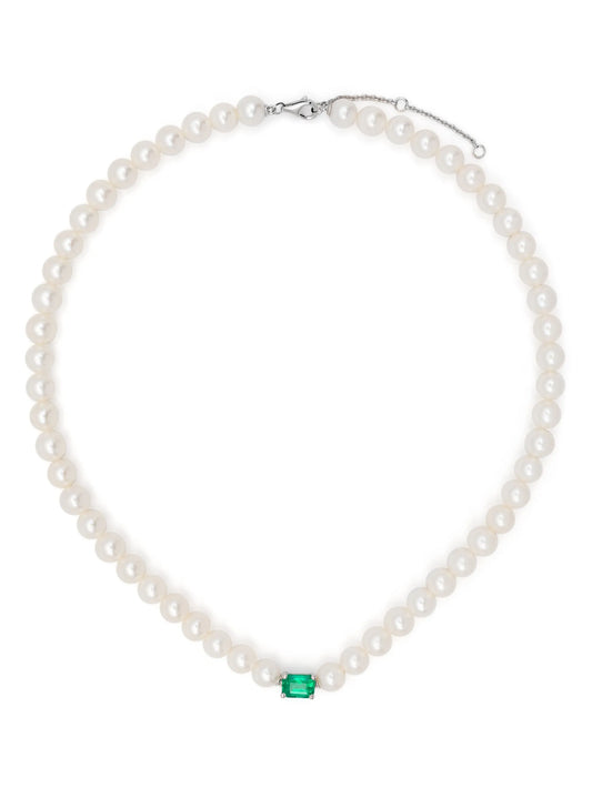 18kt white gold Collier Perles pearl and emerald choker