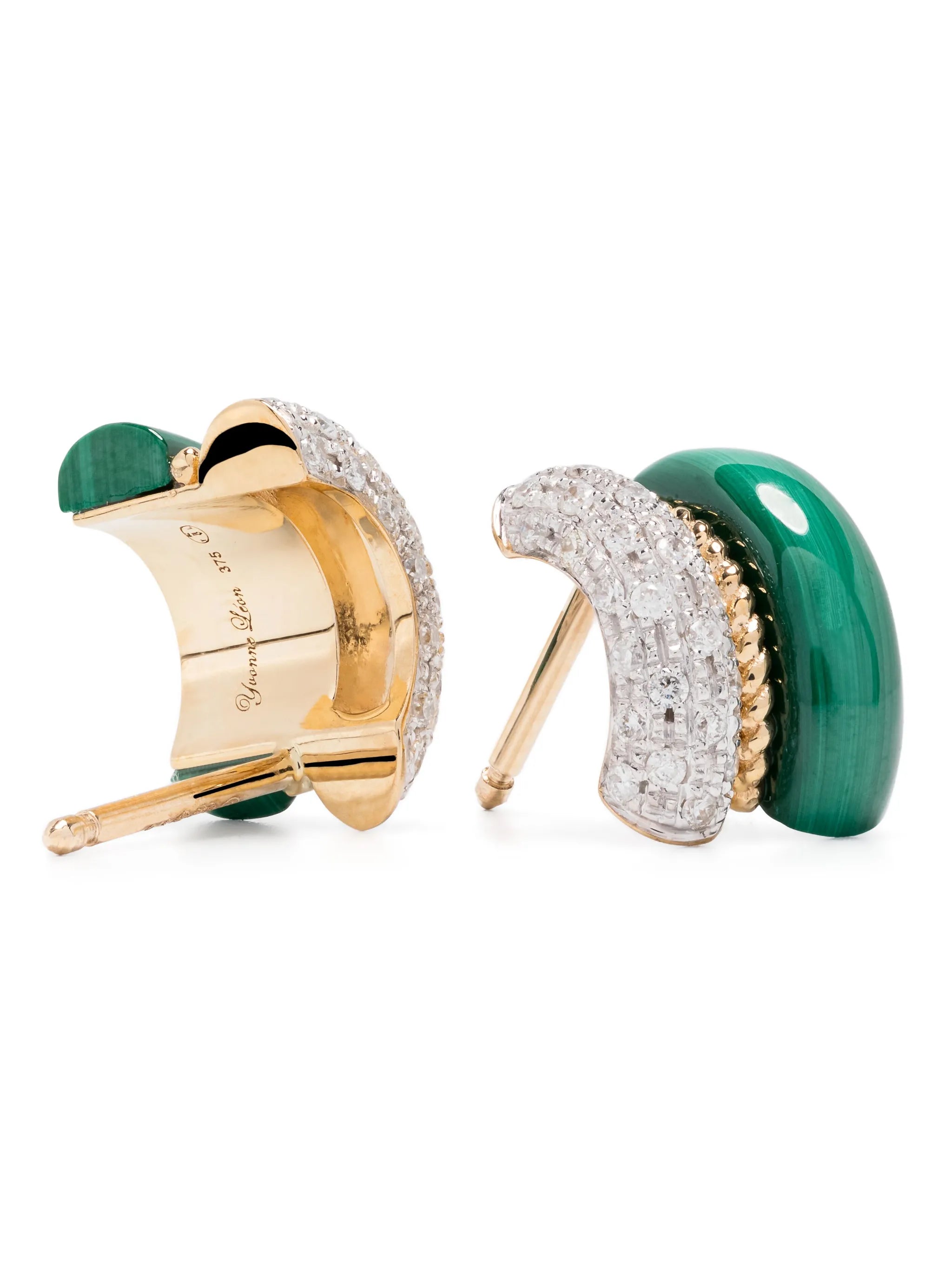 9kt yellow gold diamonds and malachite earrings