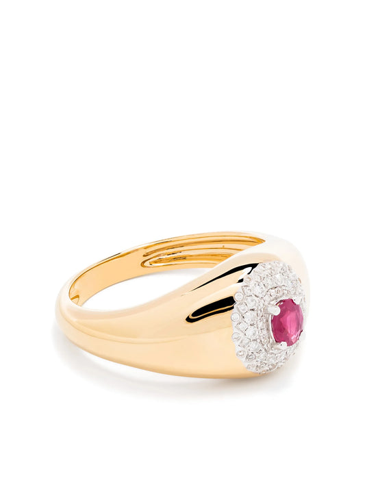 18kt yellow gold mini Chevalière Pompadour diamond and emerald signet ring