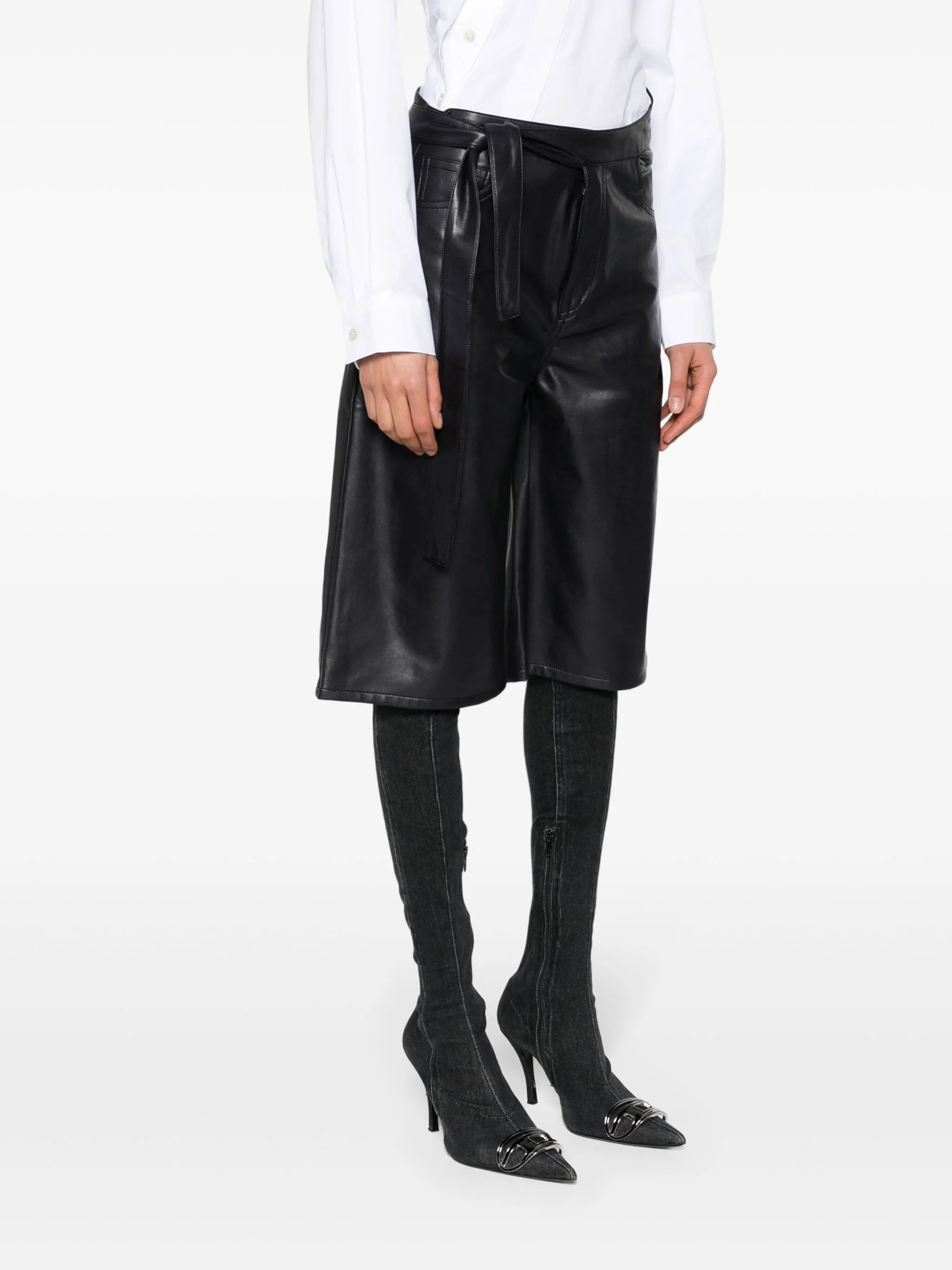 strap-embellished faux-leather shorts