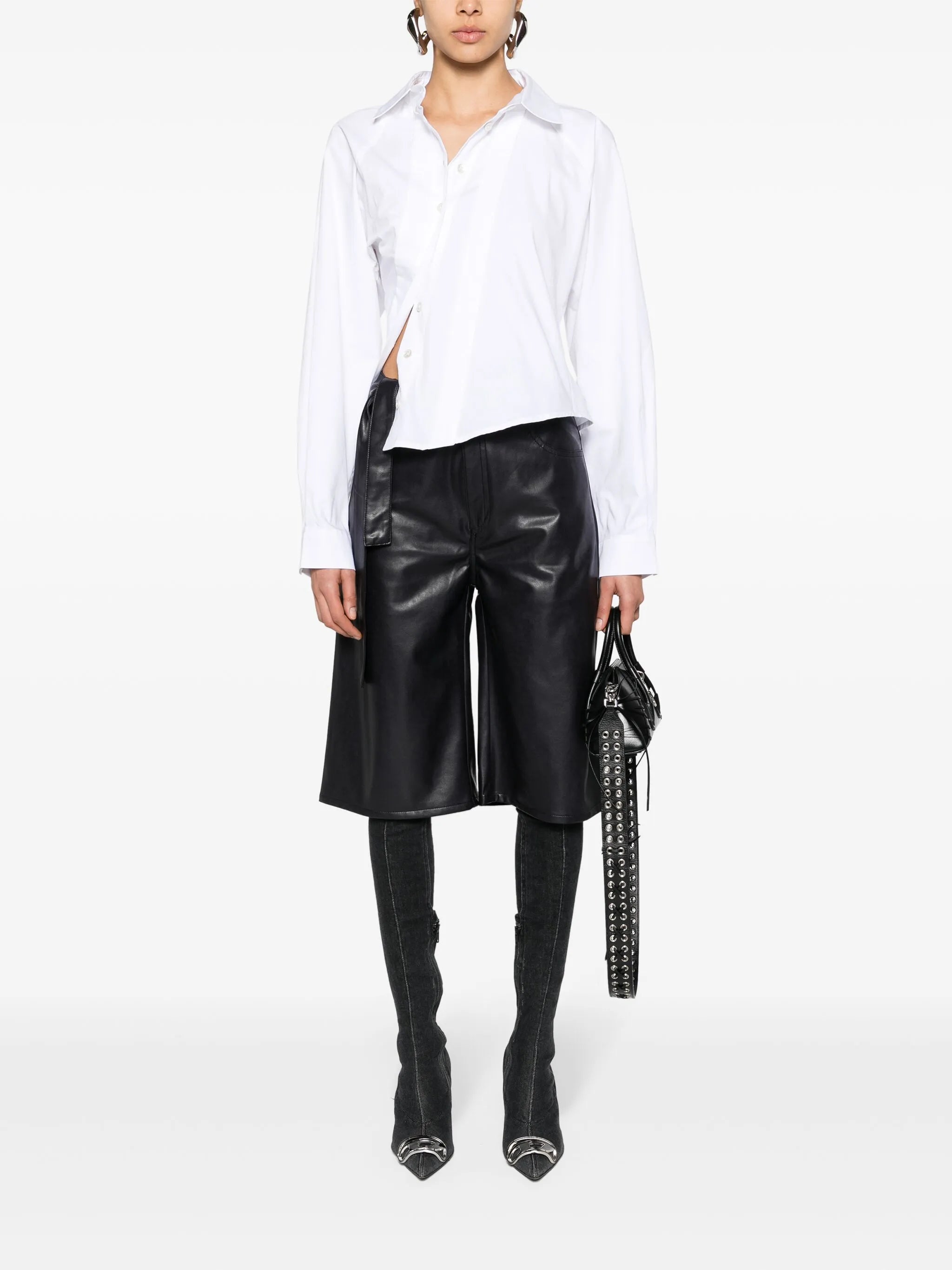 strap-embellished faux-leather shorts