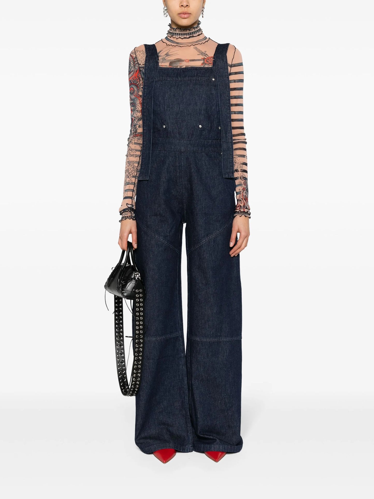 open-back denim overalls