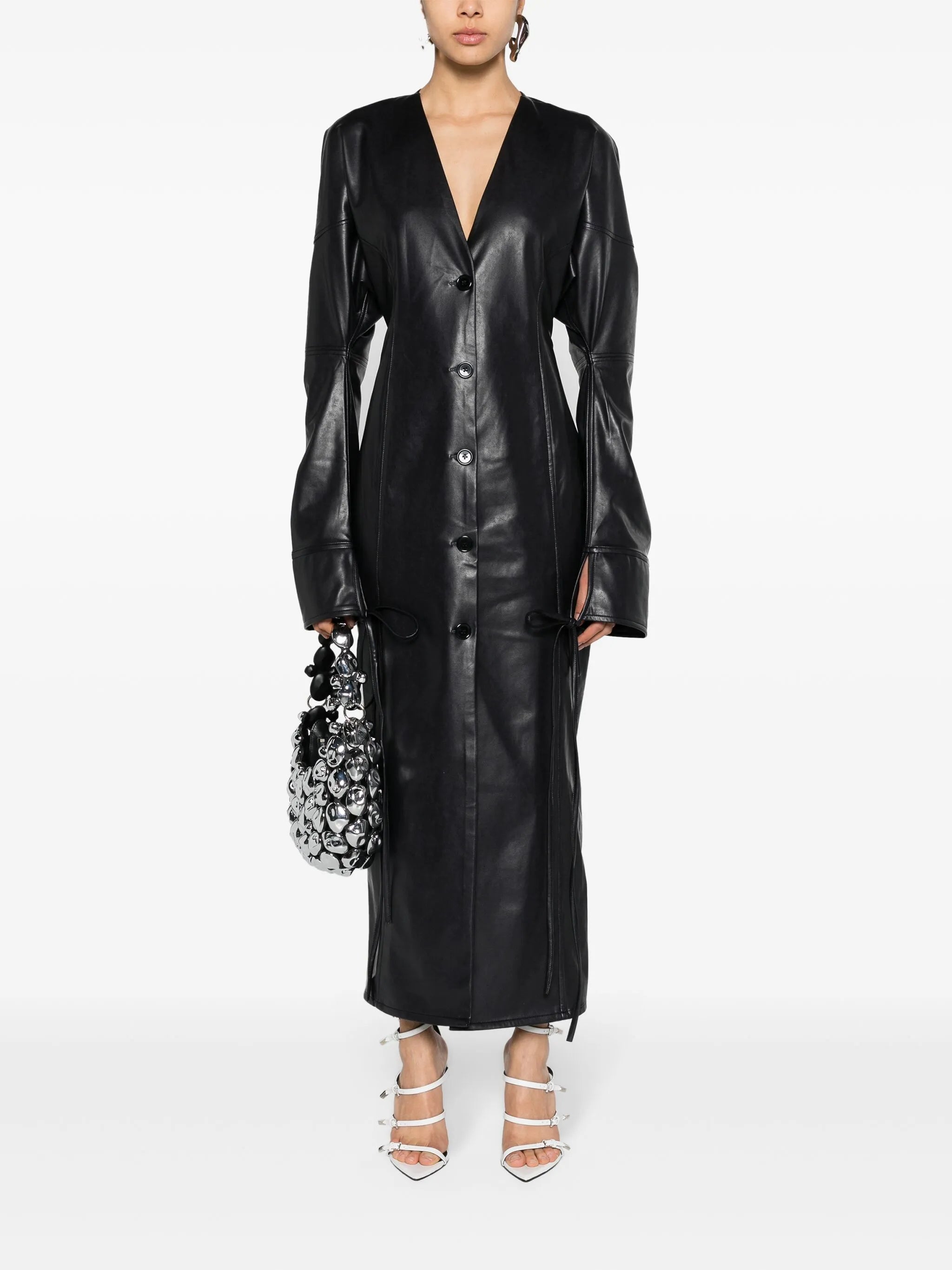 plunging faux-leather maxi dress