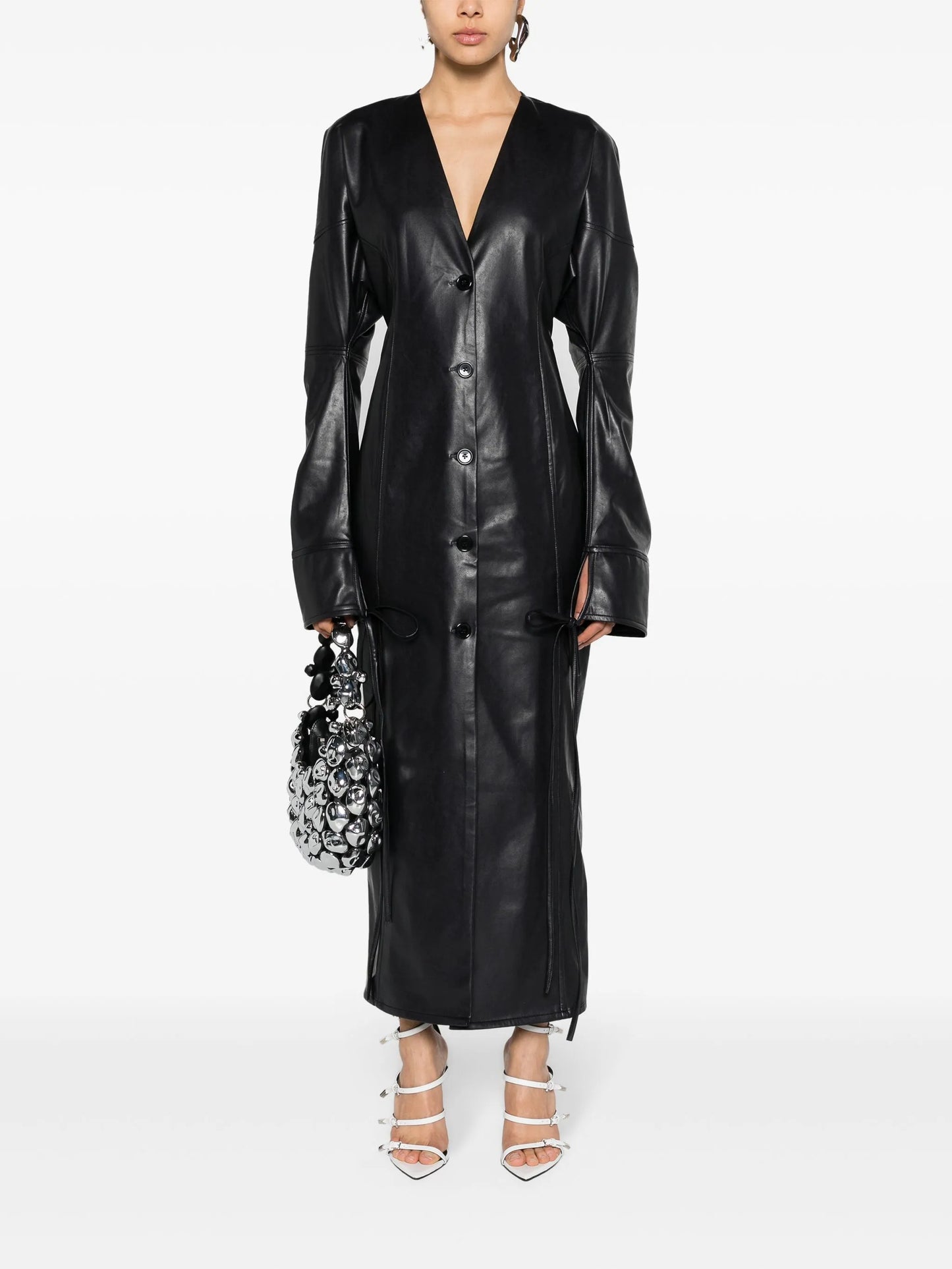 plunging faux-leather maxi dress