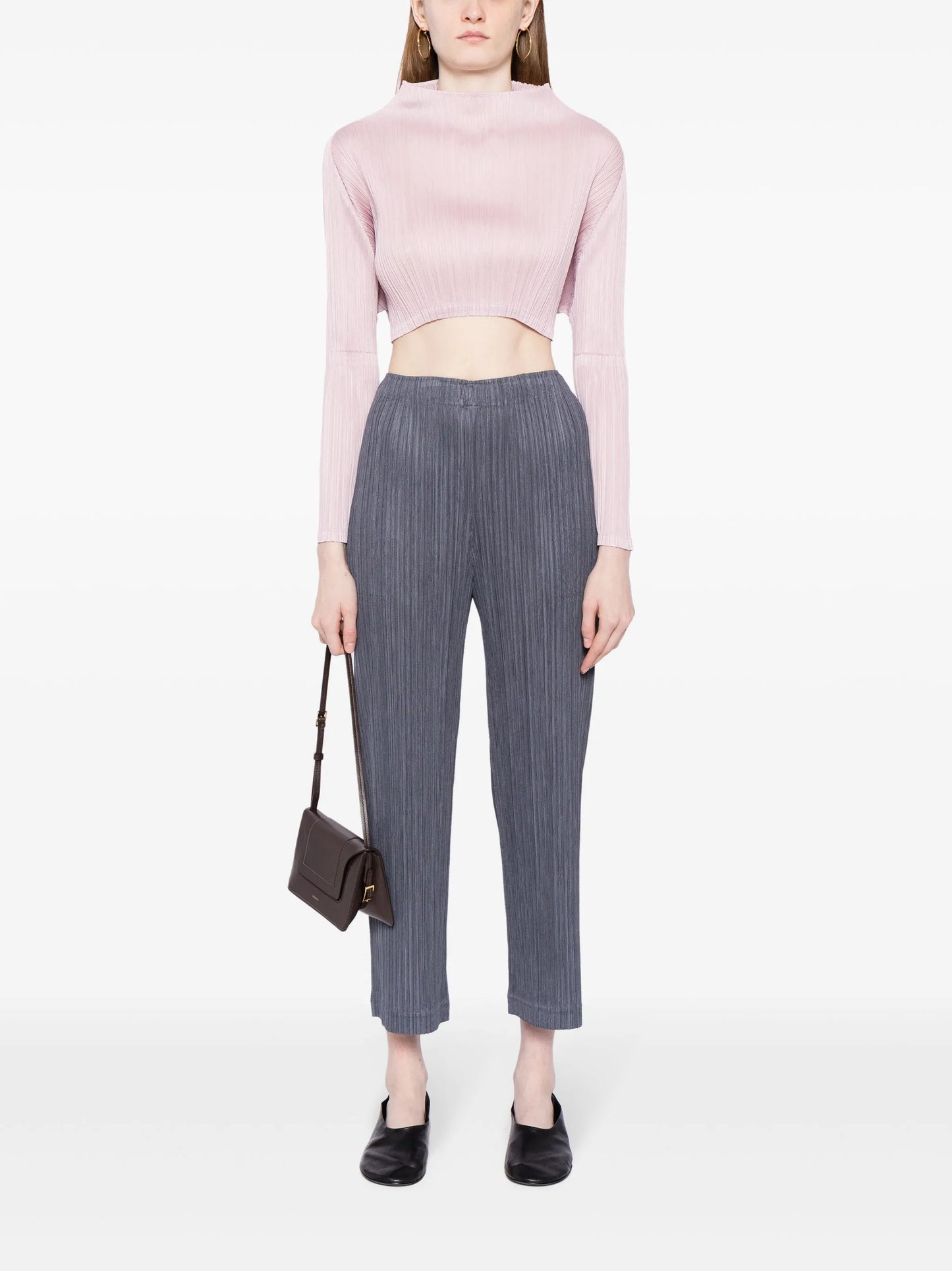 long-sleeve plissé cropped top