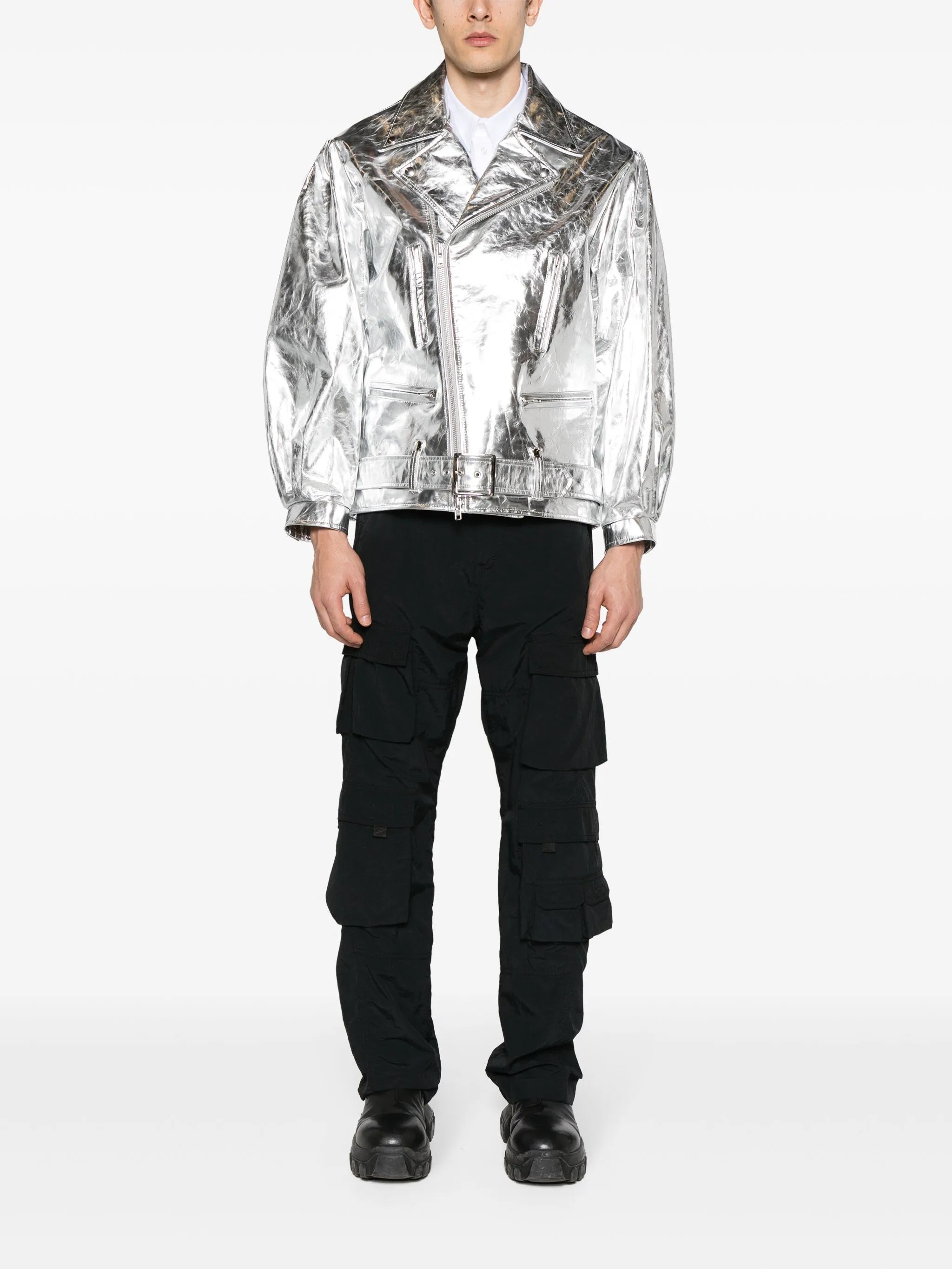 metallic-leather biker jacket