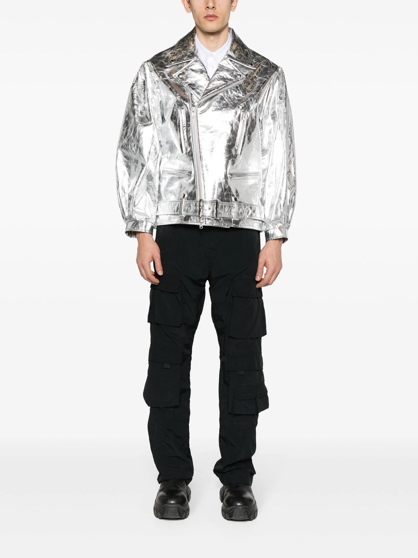 metallic-leather biker jacket