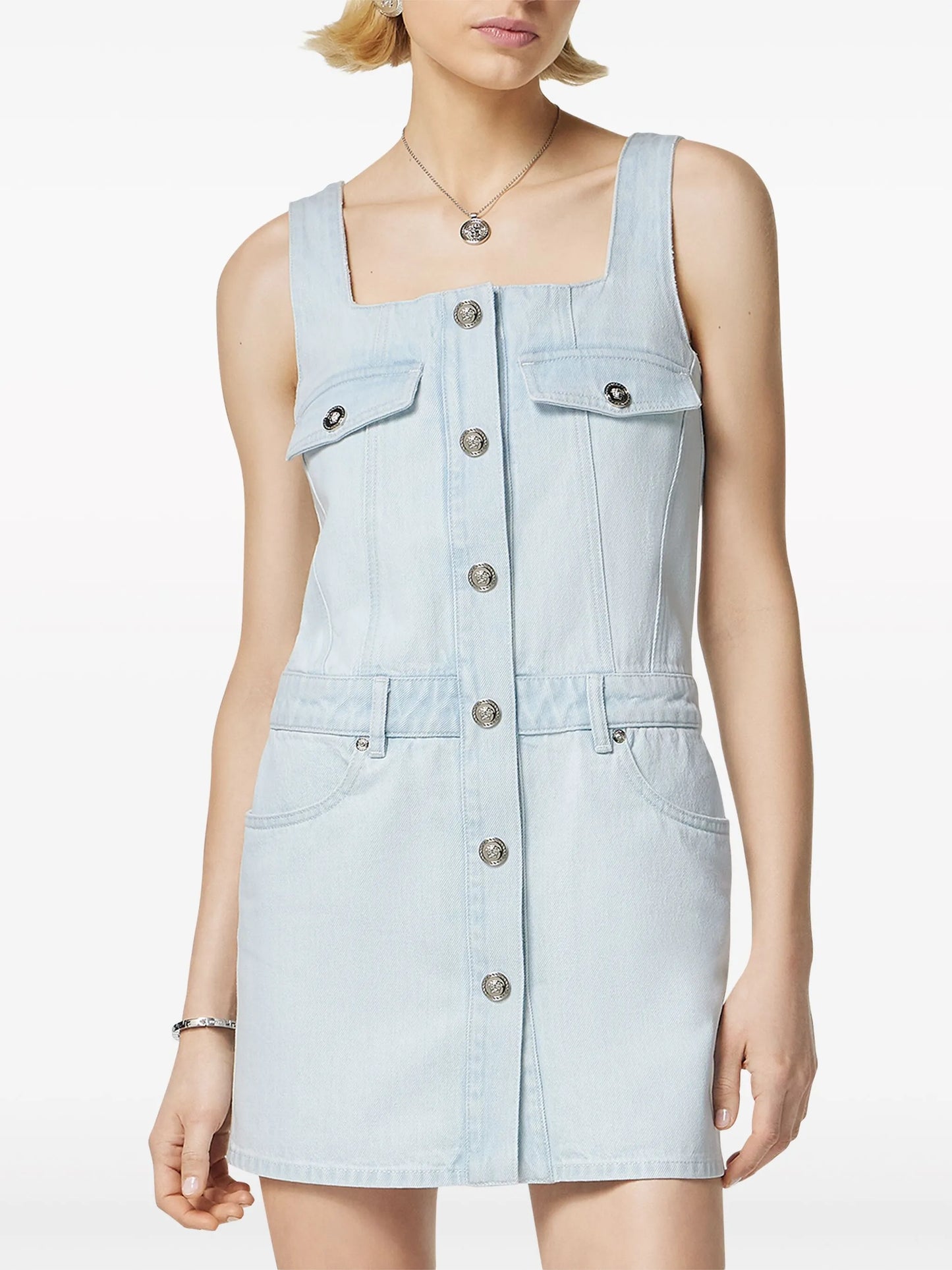 Medusa-buttons denim minidress