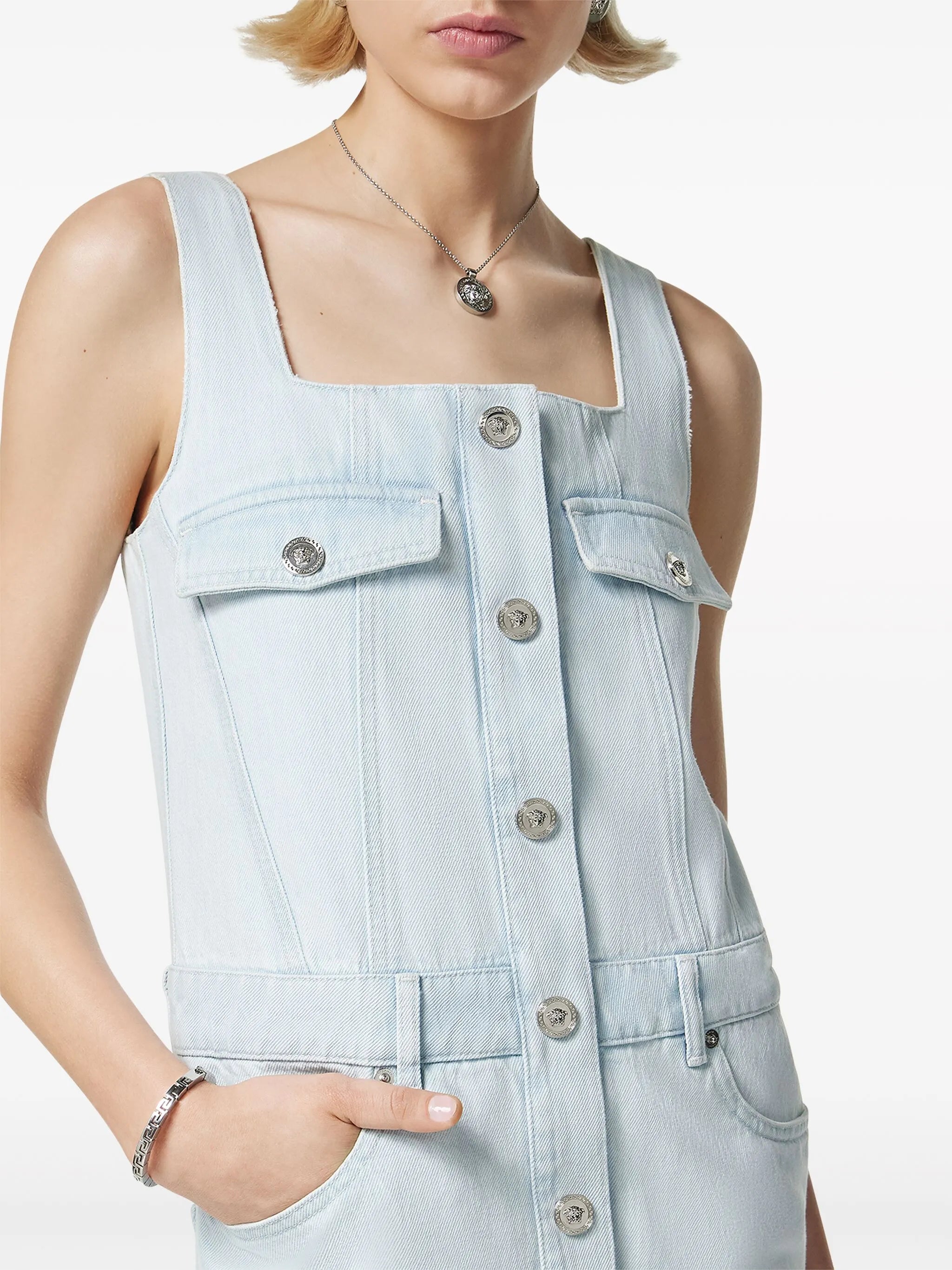 Medusa-buttons denim minidress