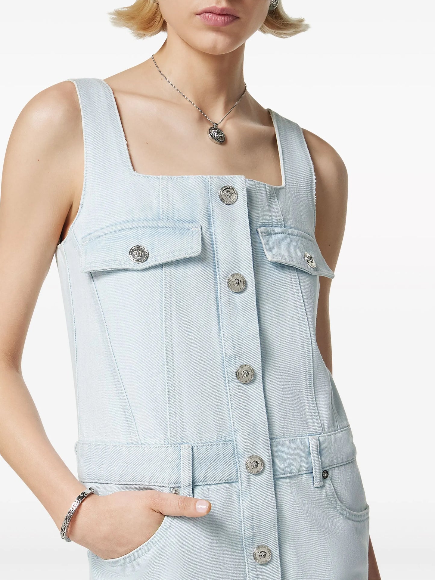 Medusa-buttons denim minidress