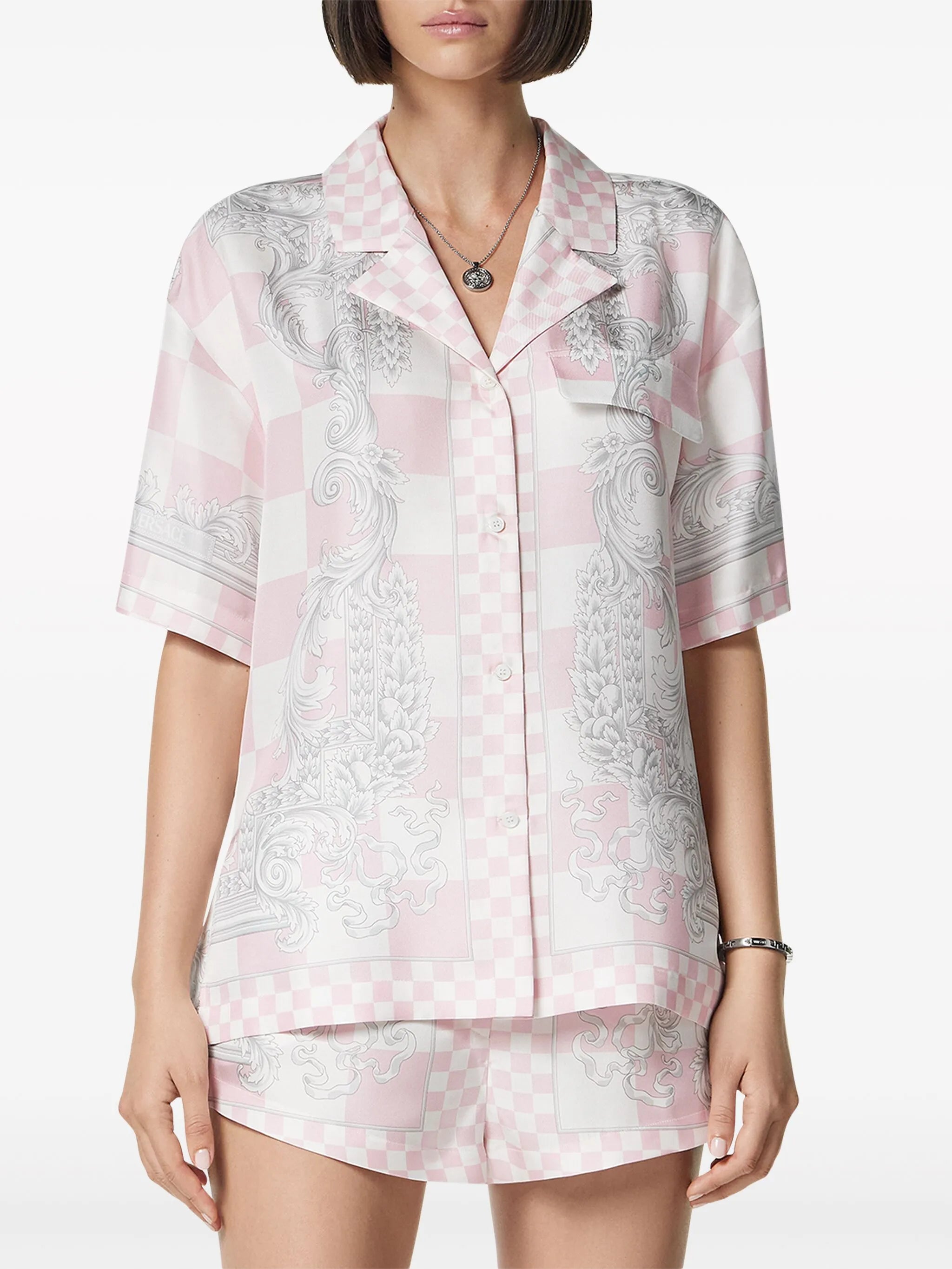 Barocco-print checked silk shirt