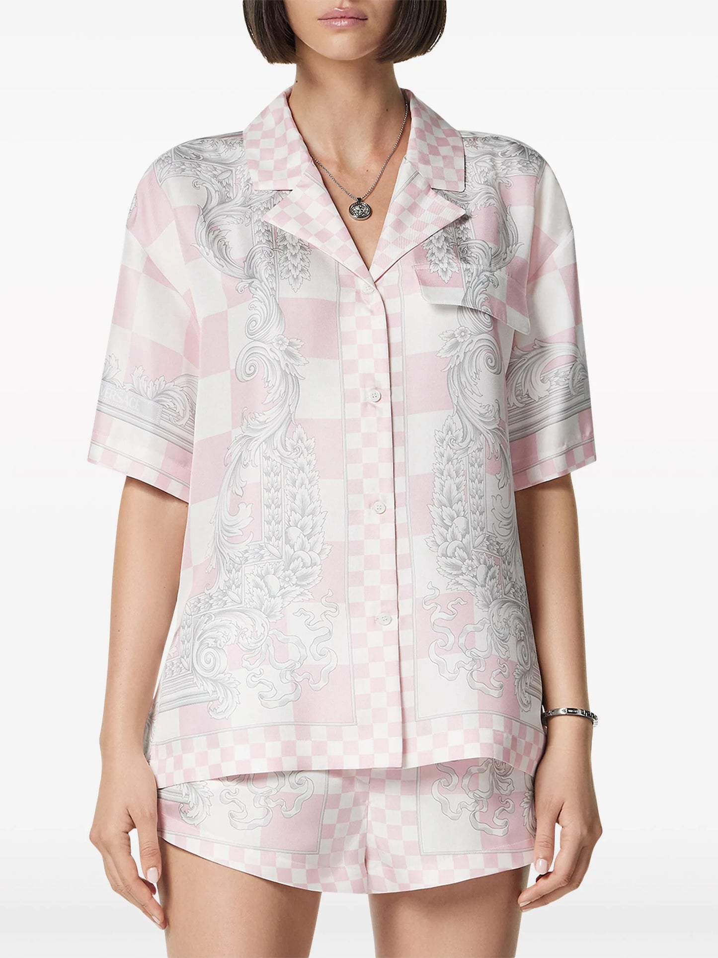 Barocco-print checked silk shirt