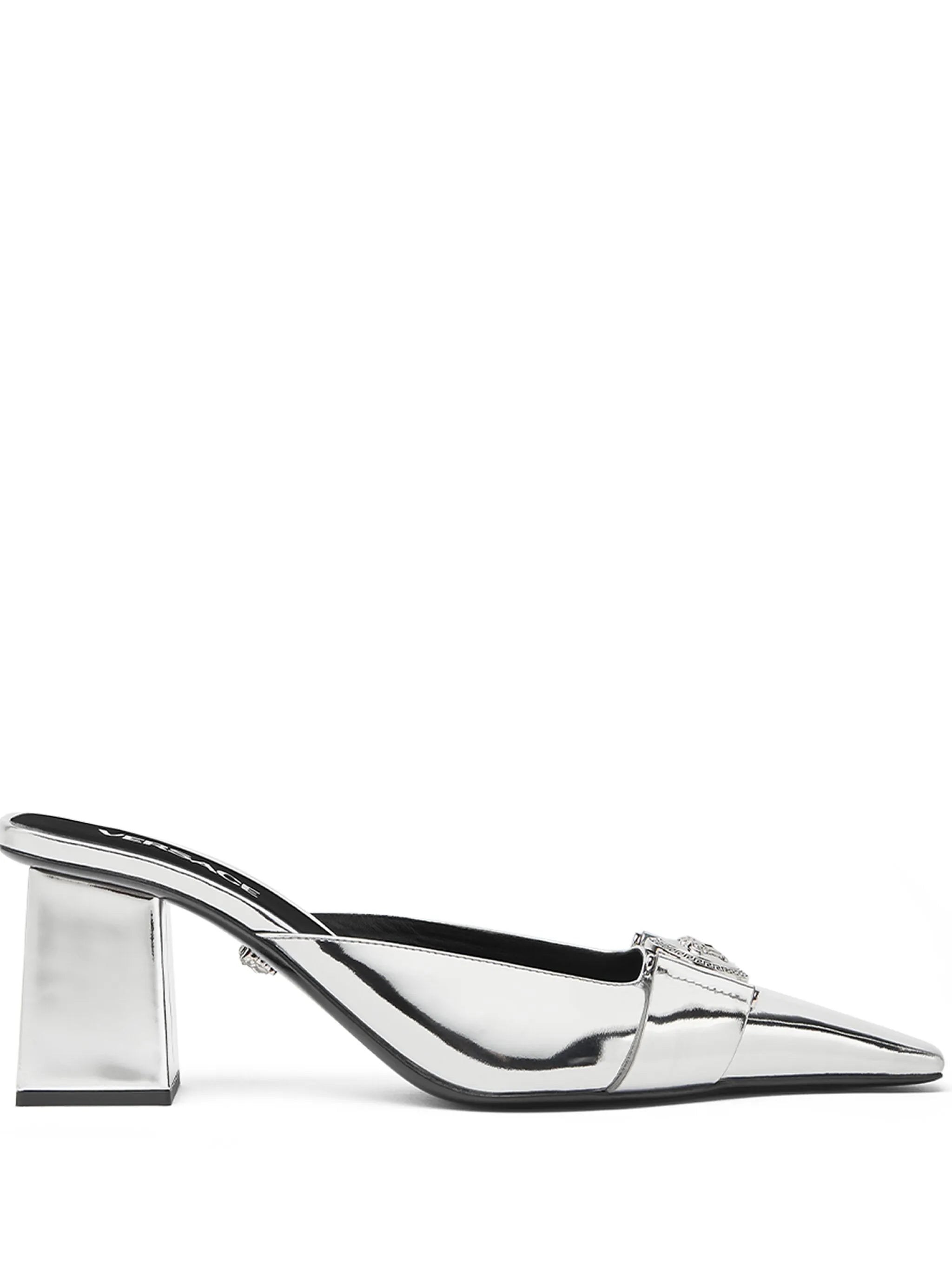 Medusa Buckle metallic leather mules