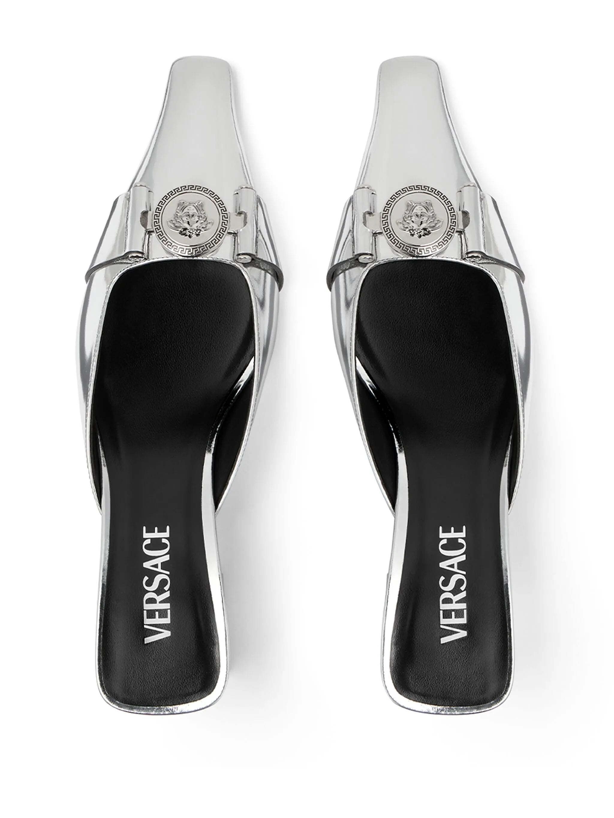 Medusa Buckle metallic leather mules