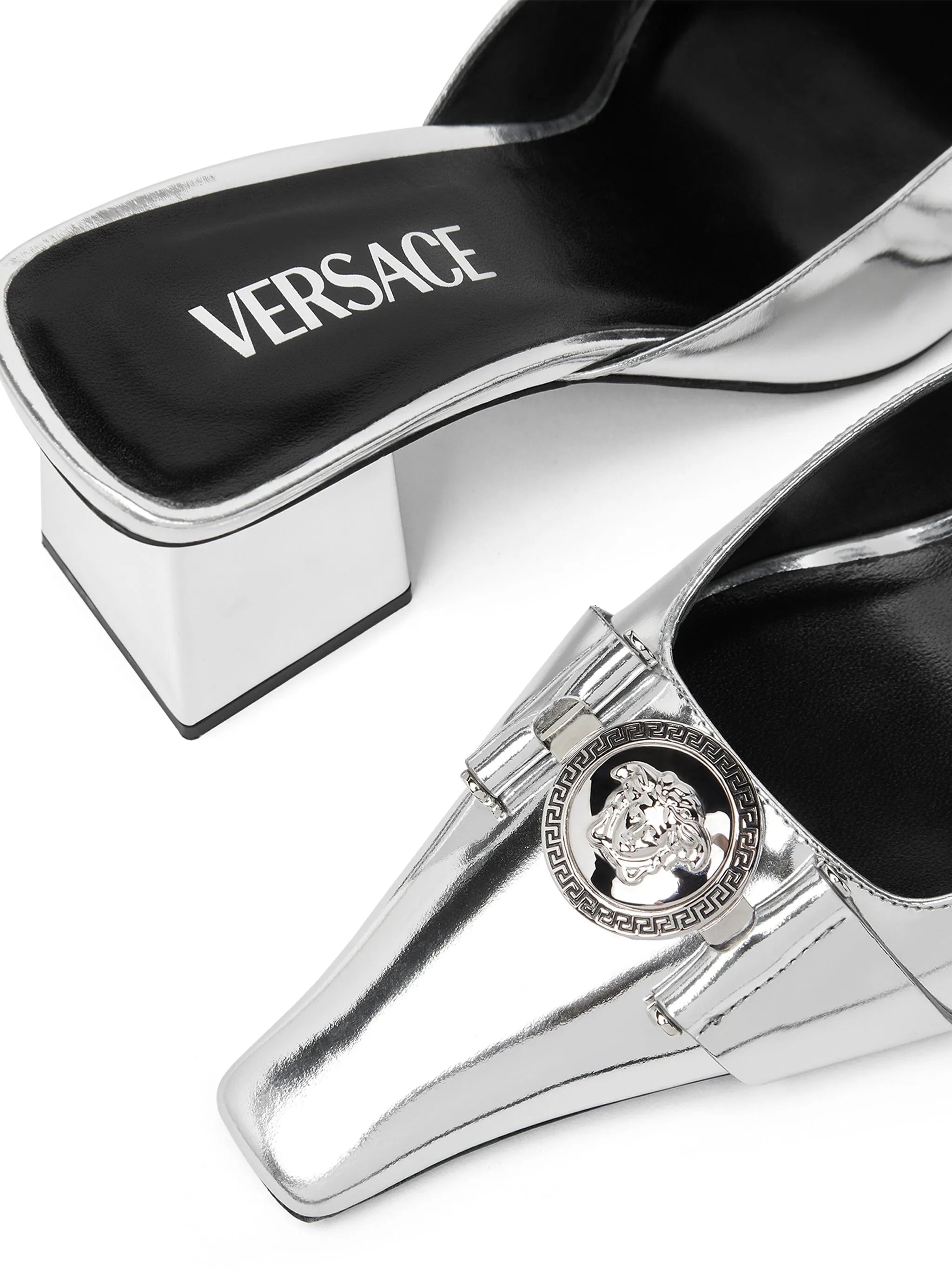 Medusa Buckle metallic leather mules