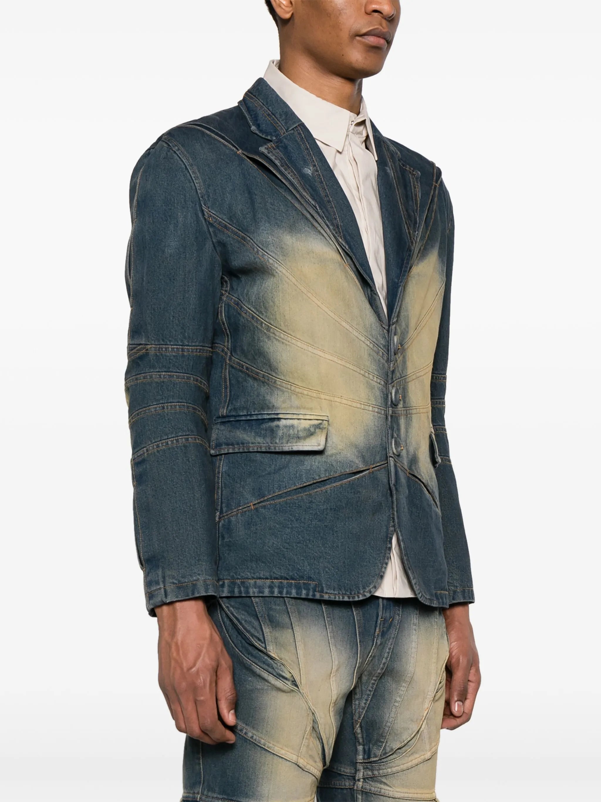 Gather-Slash tailored denim jacket
