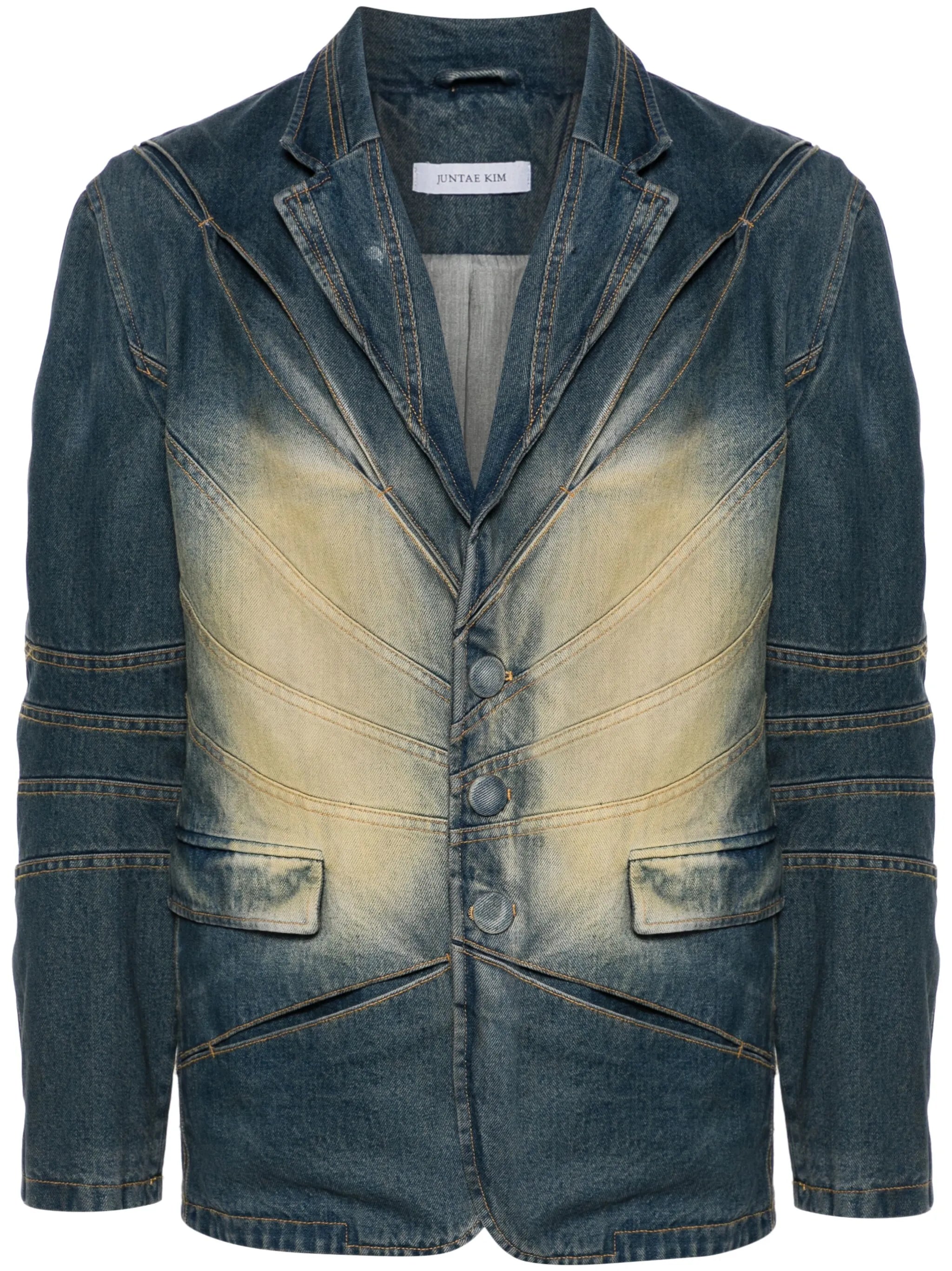 Gather-Slash tailored denim jacket