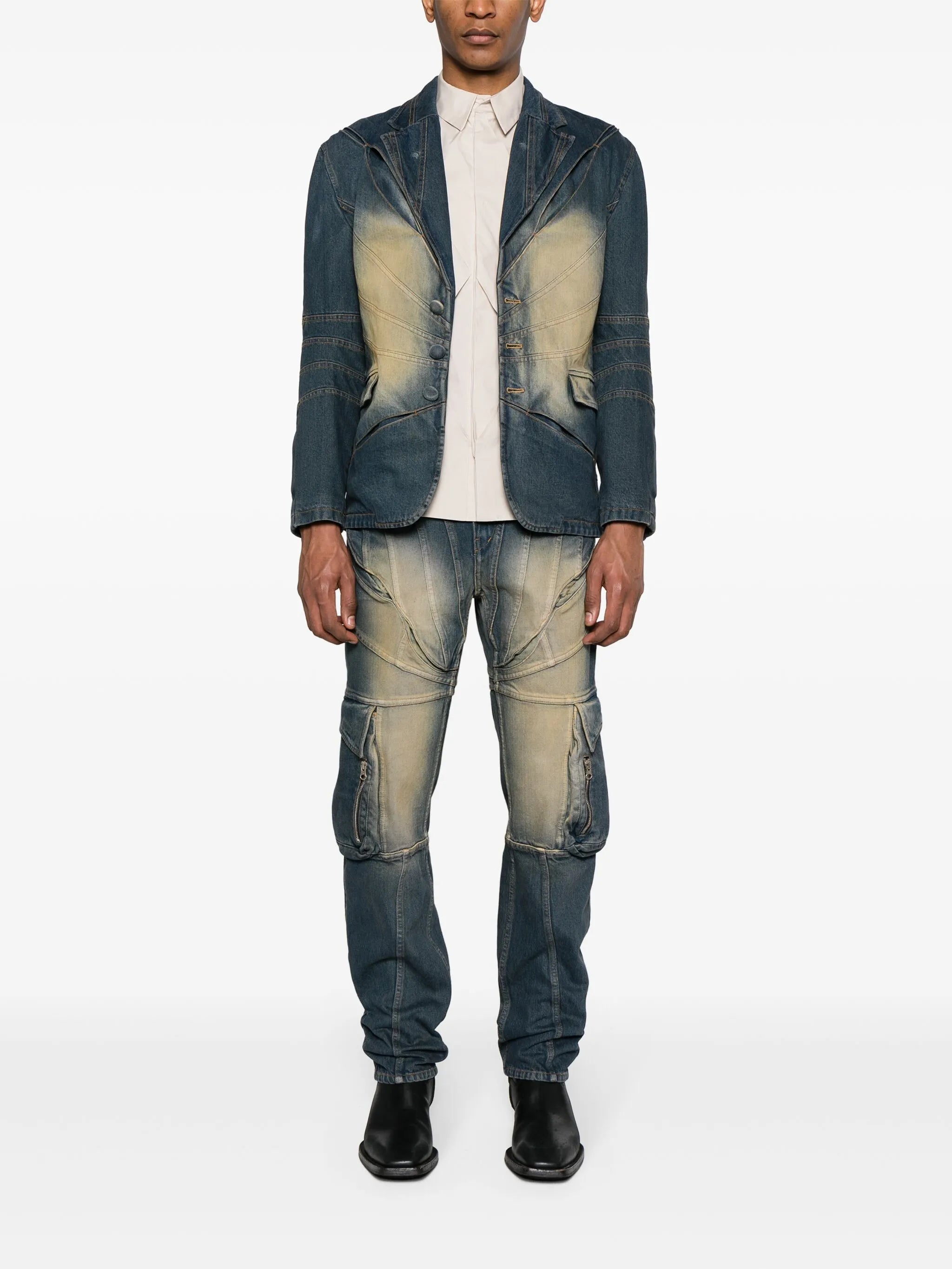 Gather-Slash tailored denim jacket