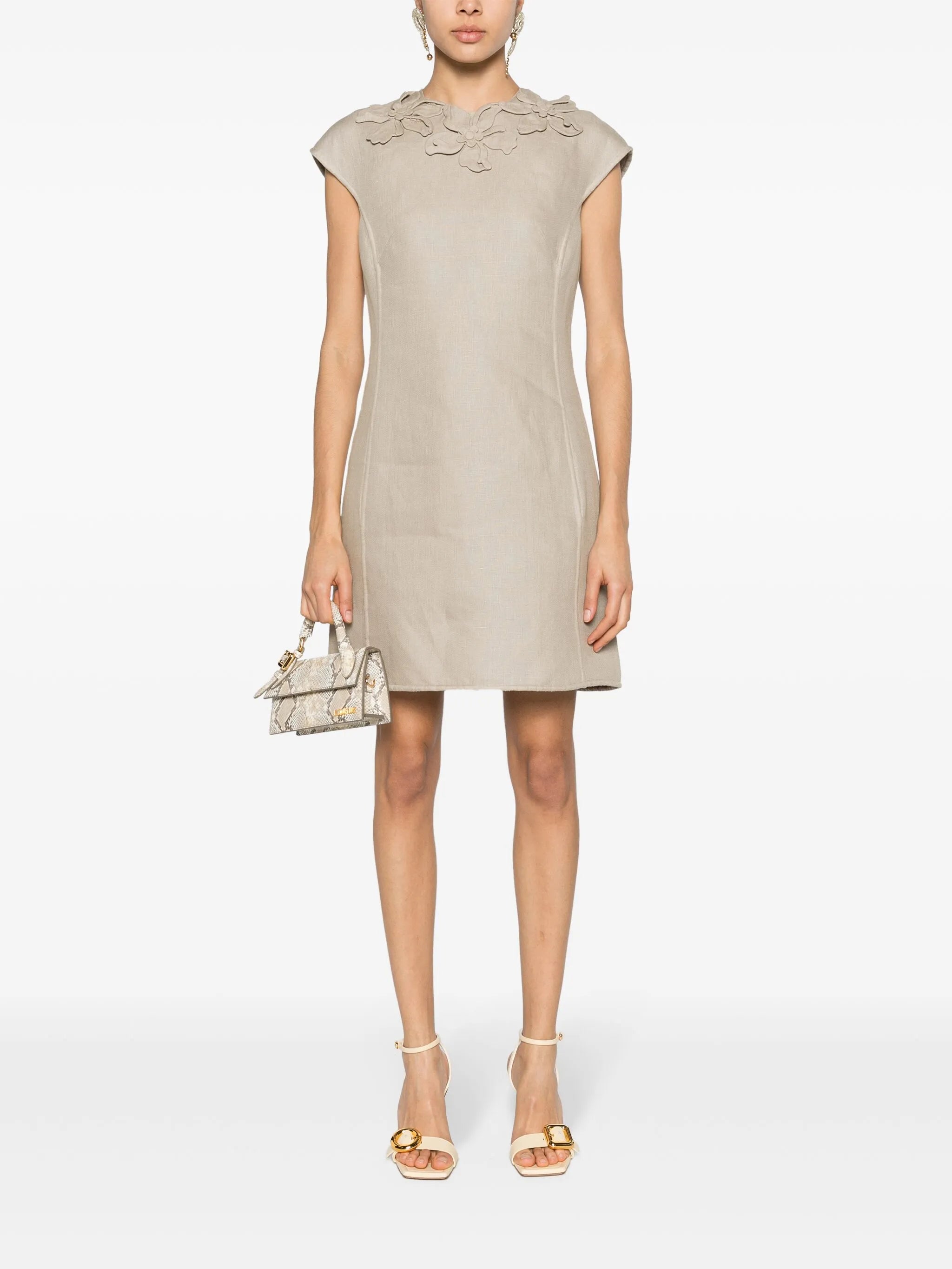 floral-appliqué linen dress