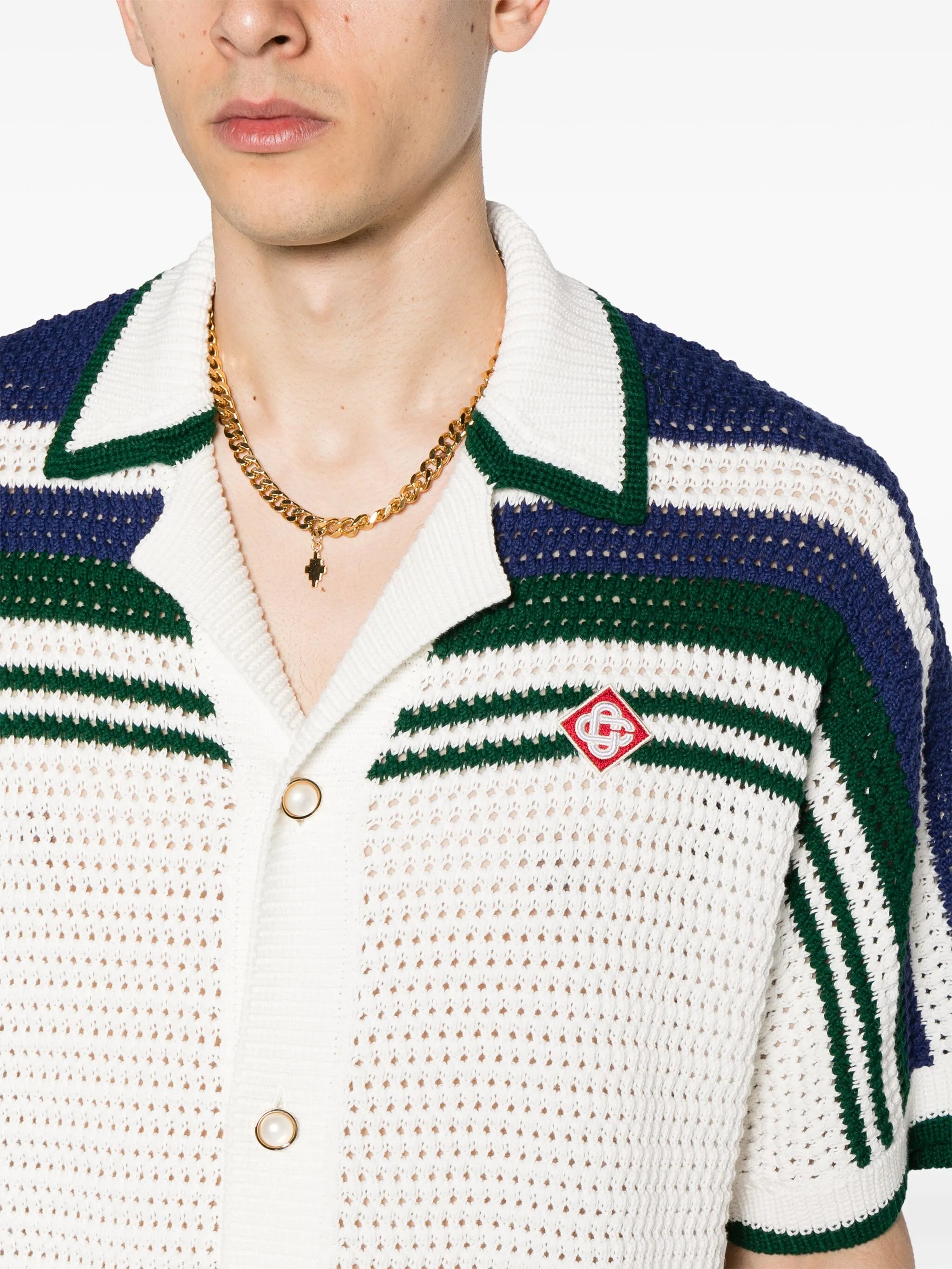 striped crochet-knit shirt