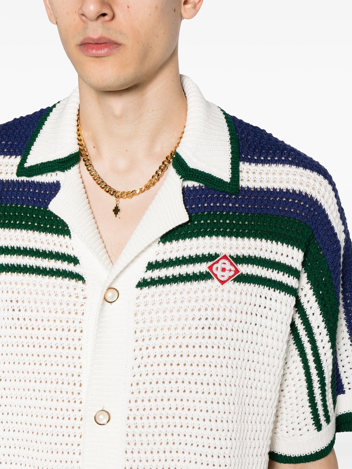 striped crochet-knit shirt