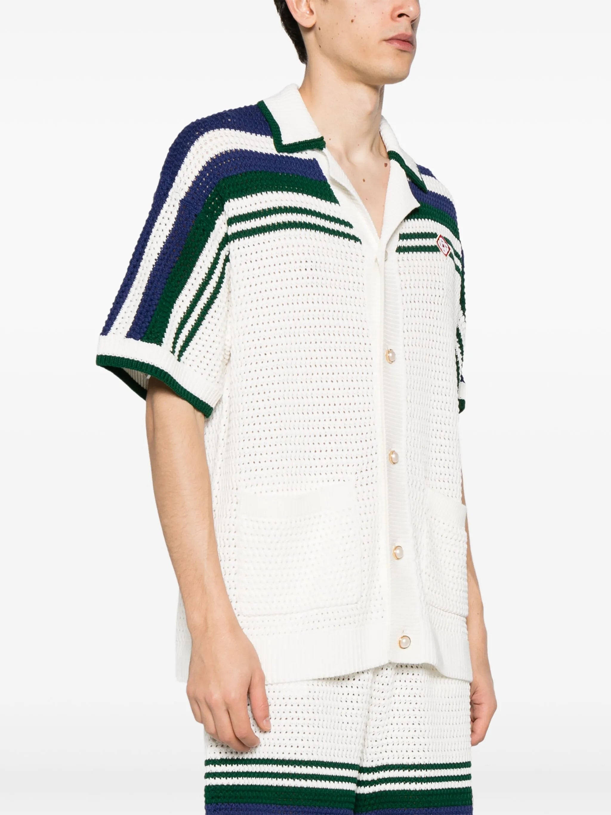 striped crochet-knit shirt