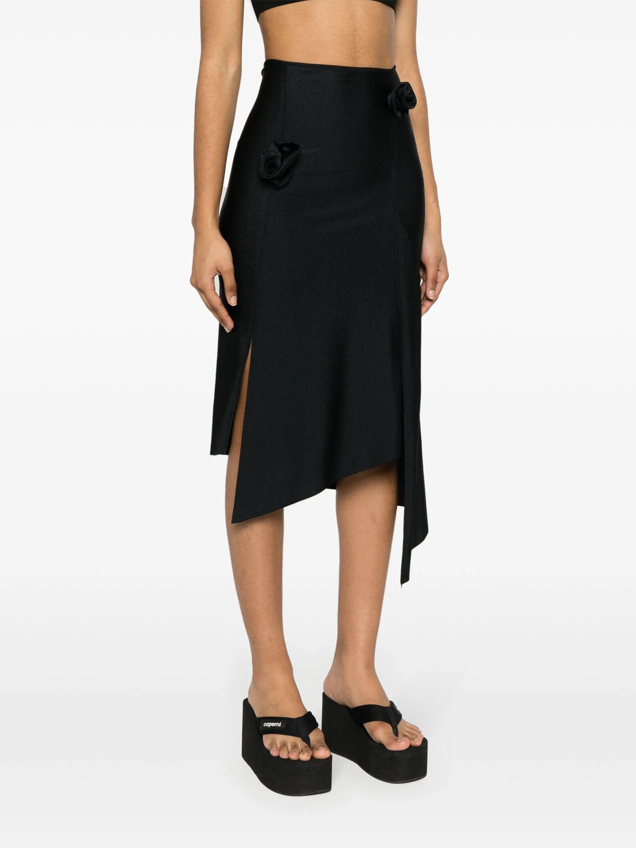 floral-appliqué asymmetric midi skirt