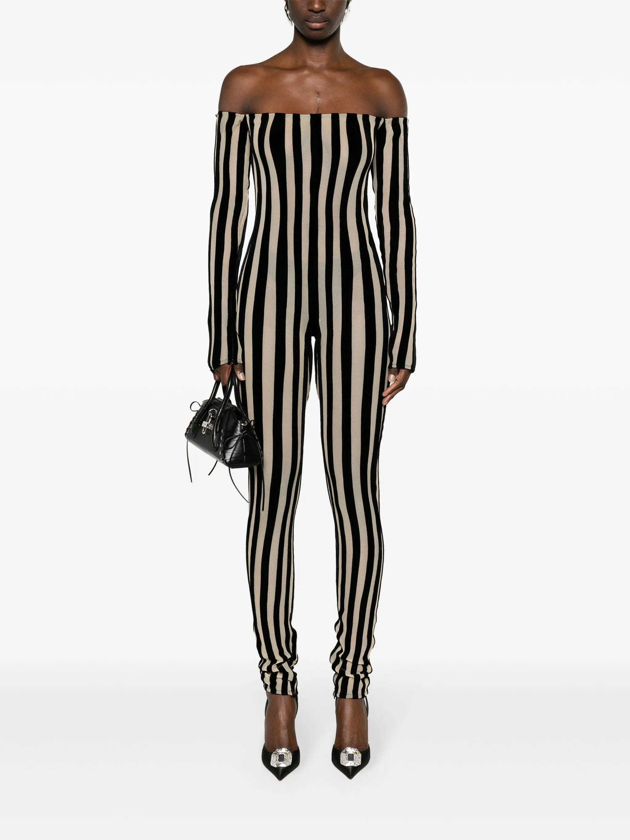 striped off-shoulder jumpsuit