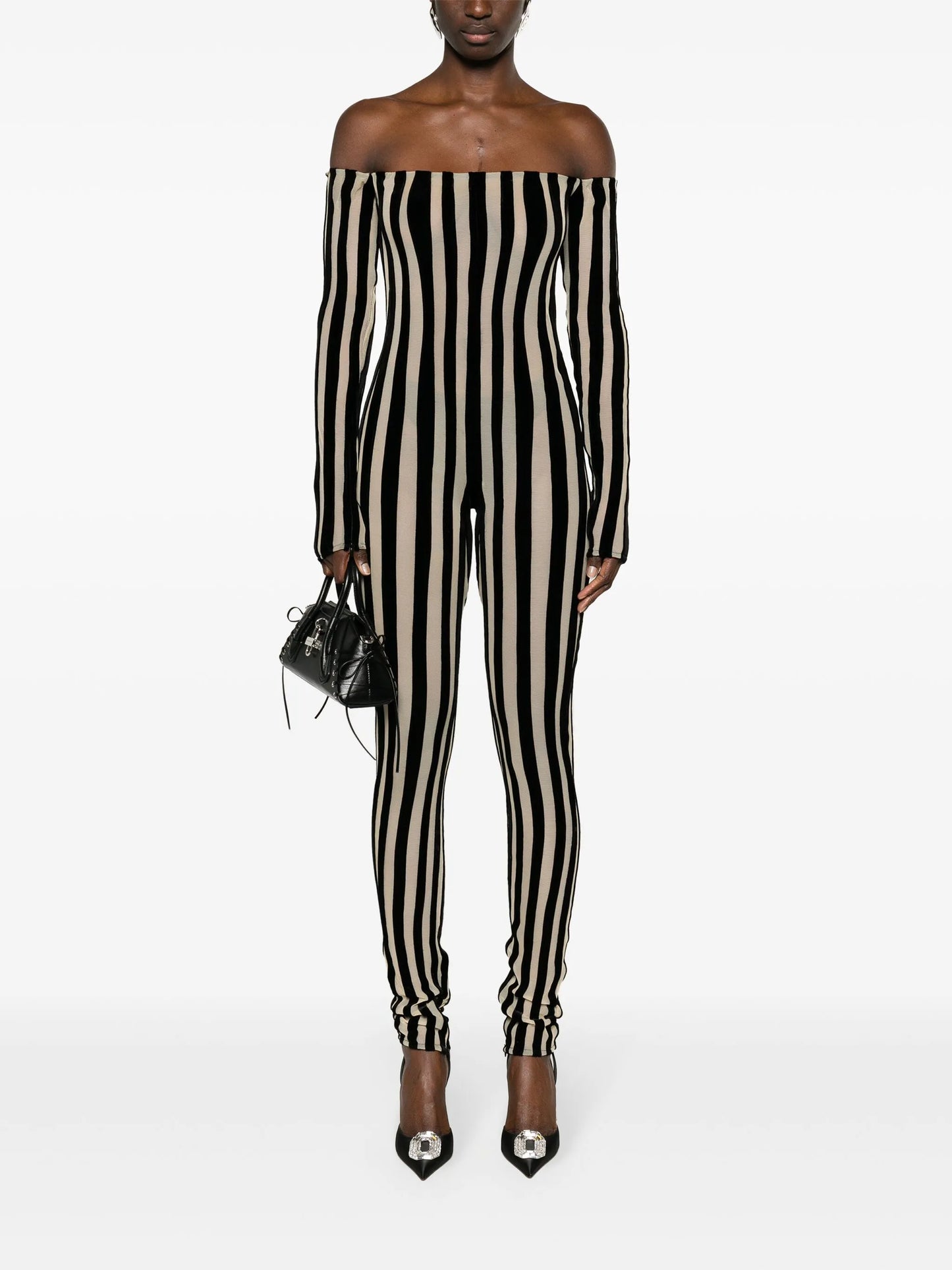striped off-shoulder jumpsuit