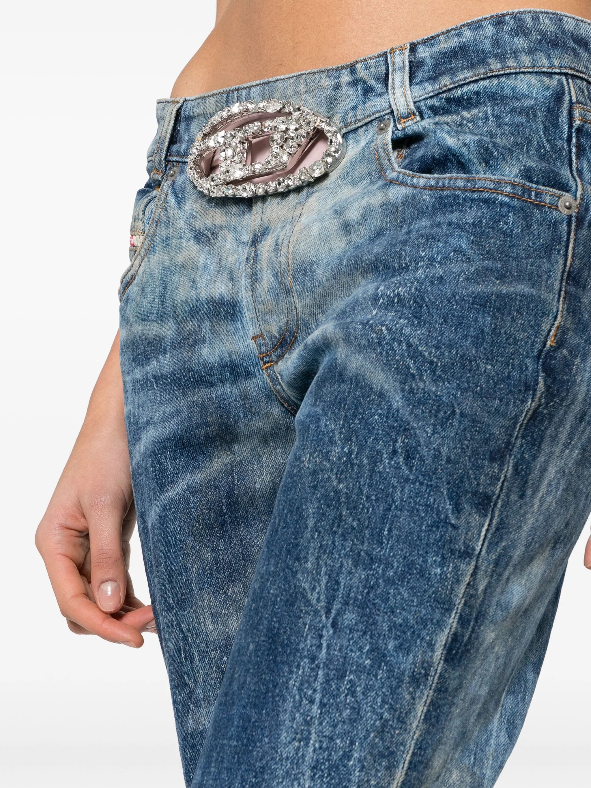 gem-logo buckle flared jeans