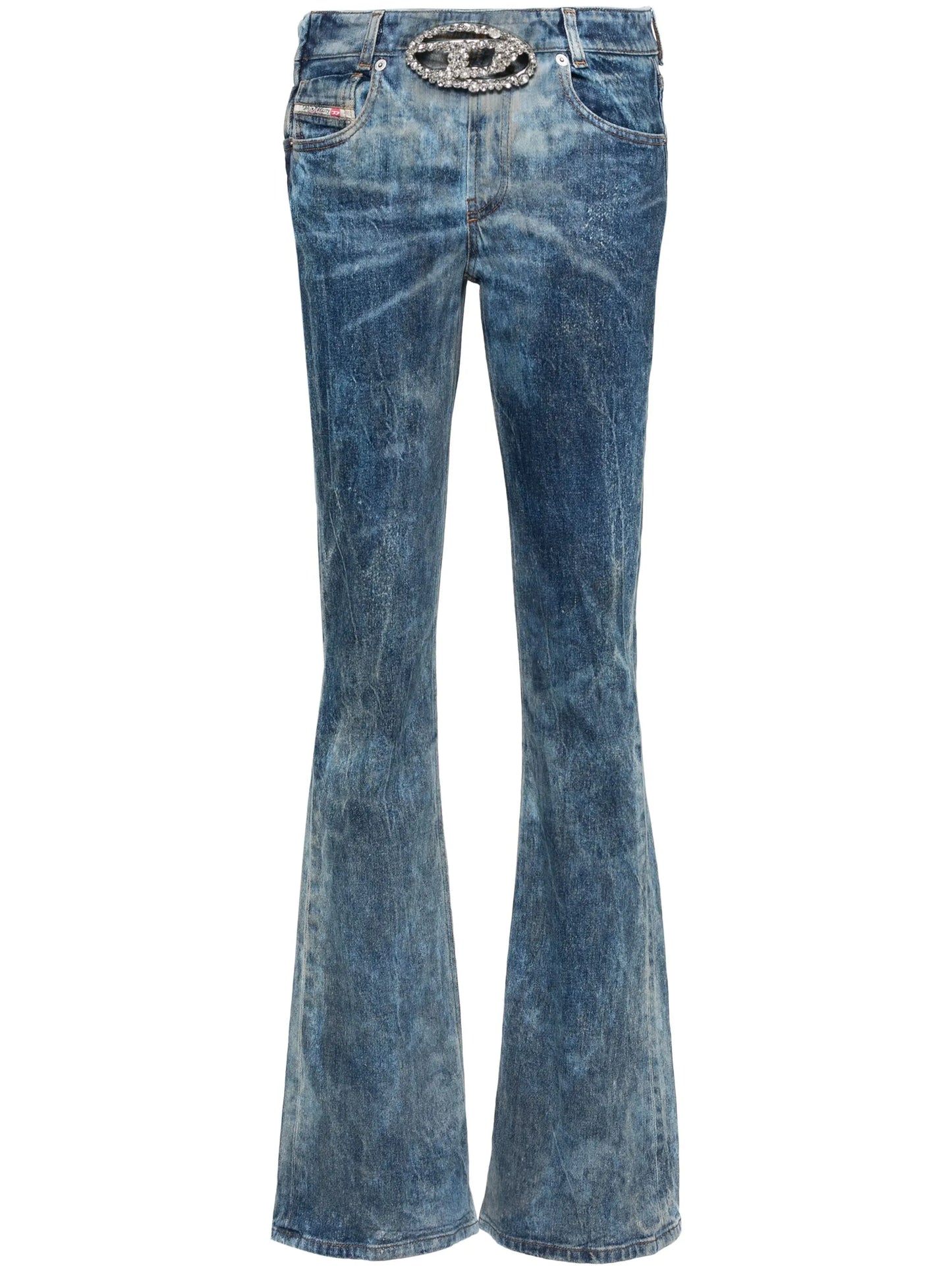 gem-logo buckle flared jeans