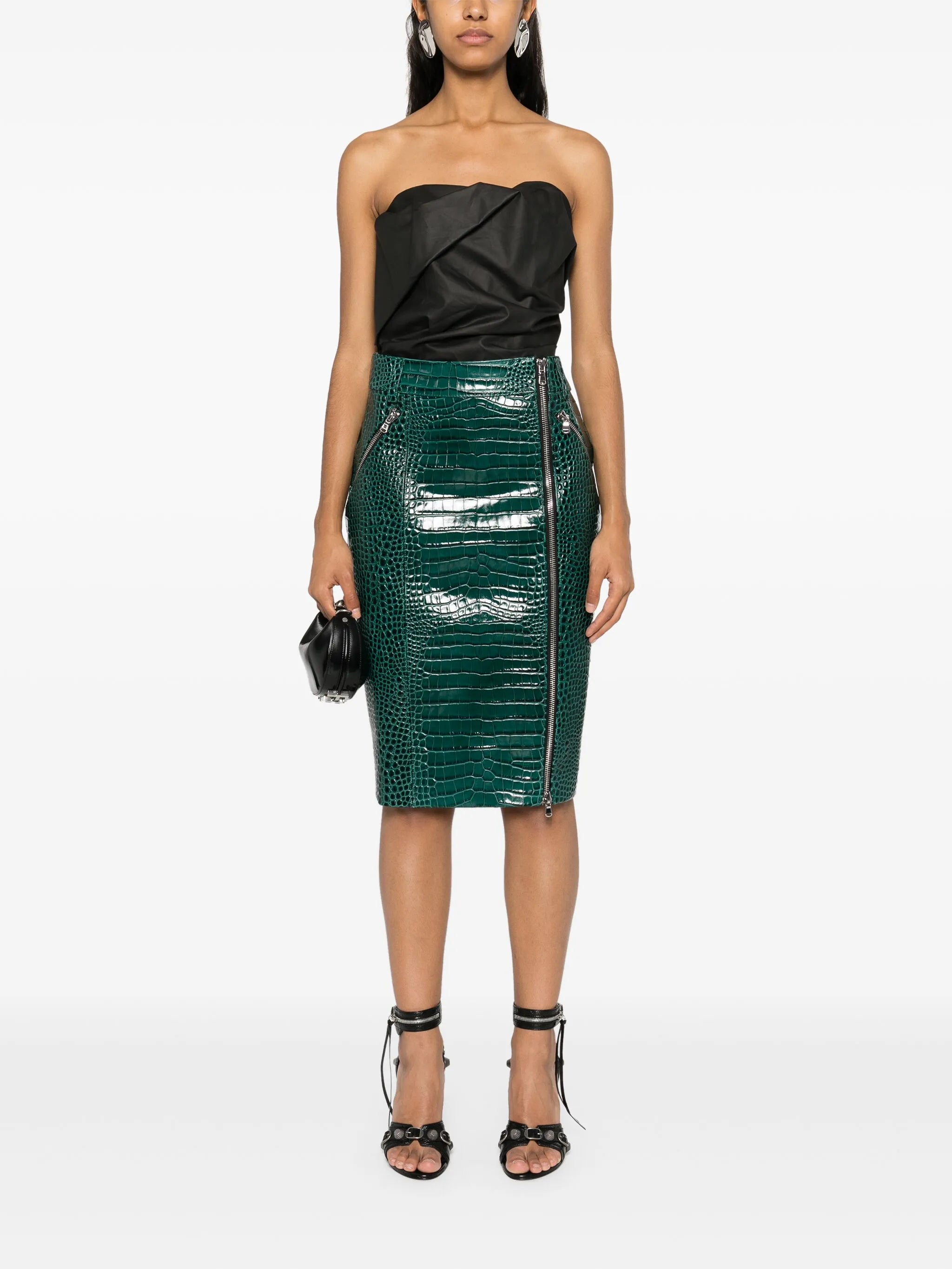 crocodile-effect midi skirt