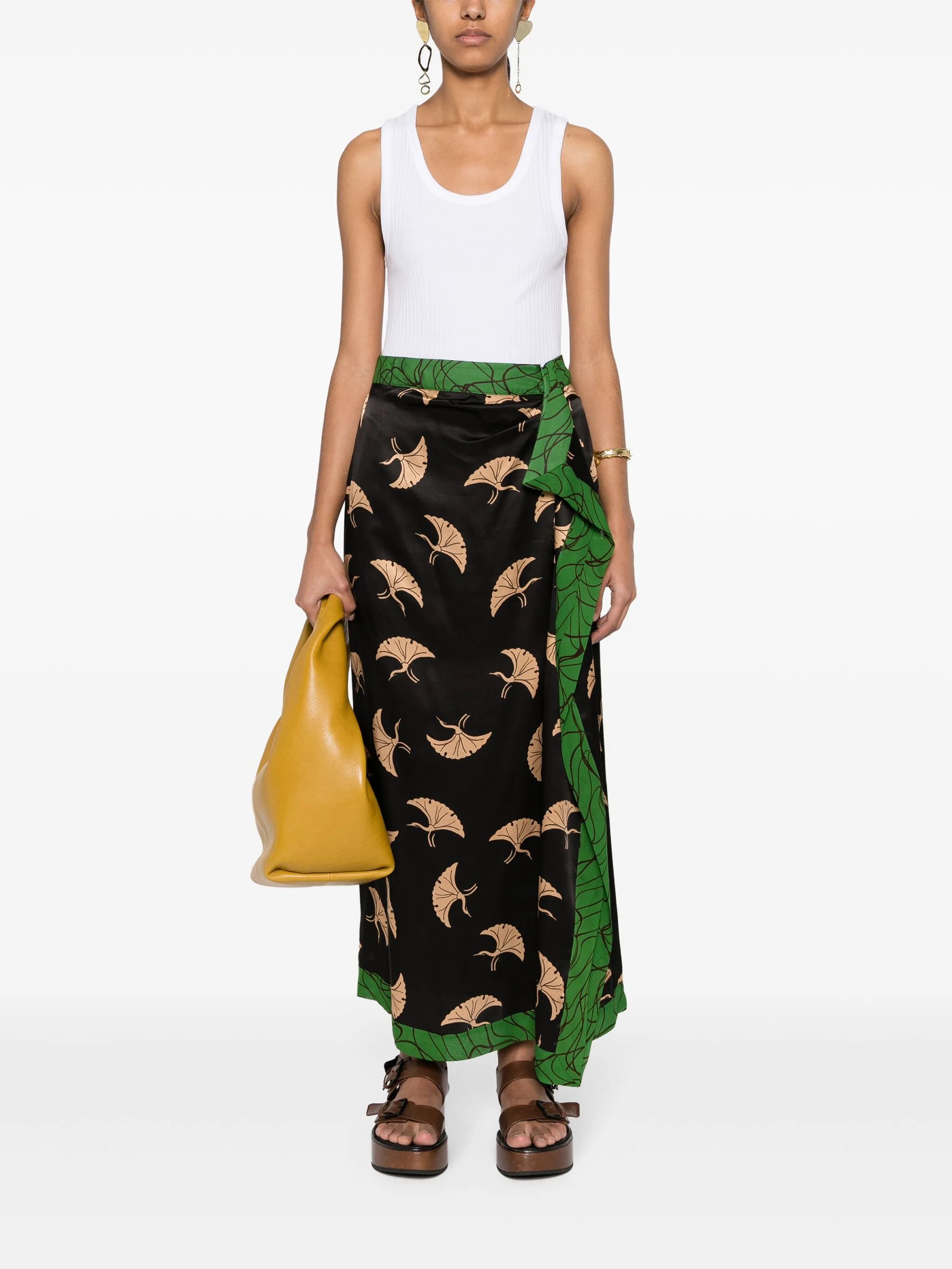 peacock-print midi satin skirt