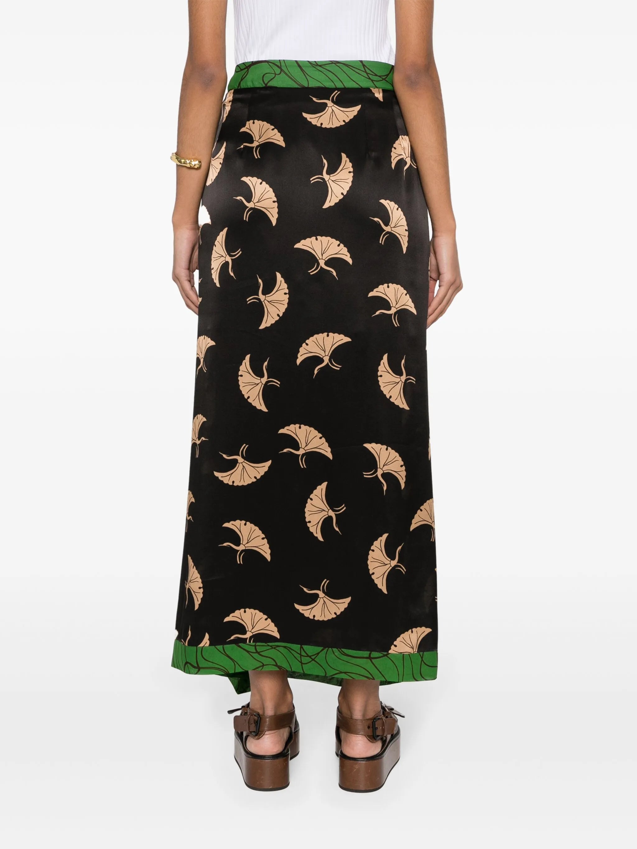 peacock-print midi satin skirt