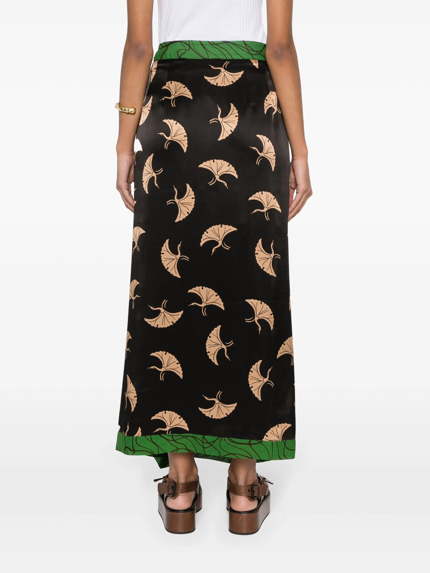 peacock-print midi satin skirt
