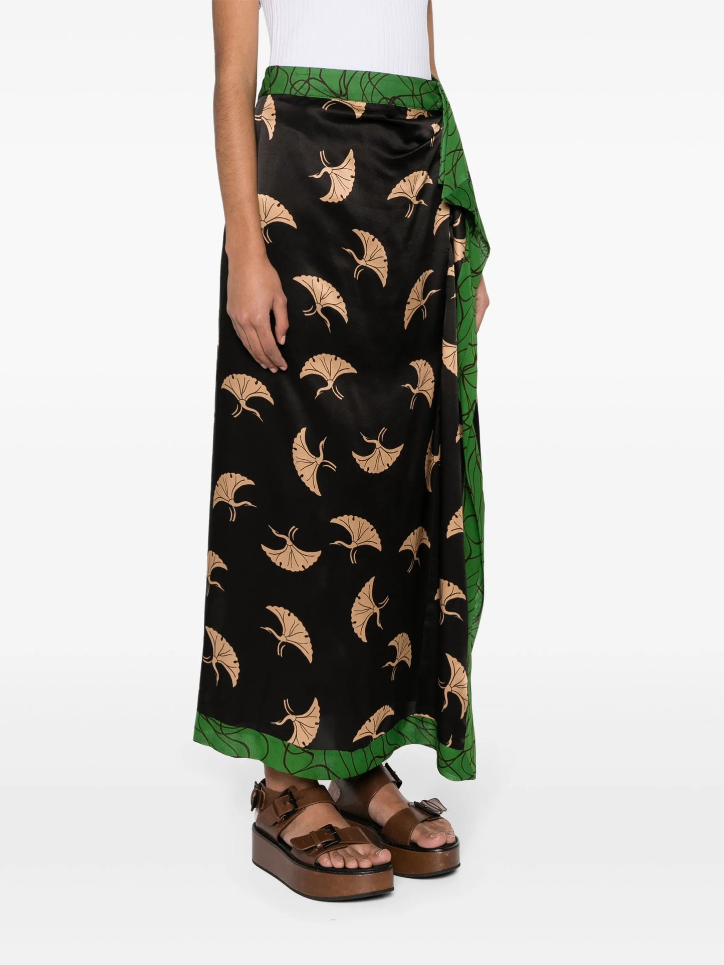 peacock-print midi satin skirt