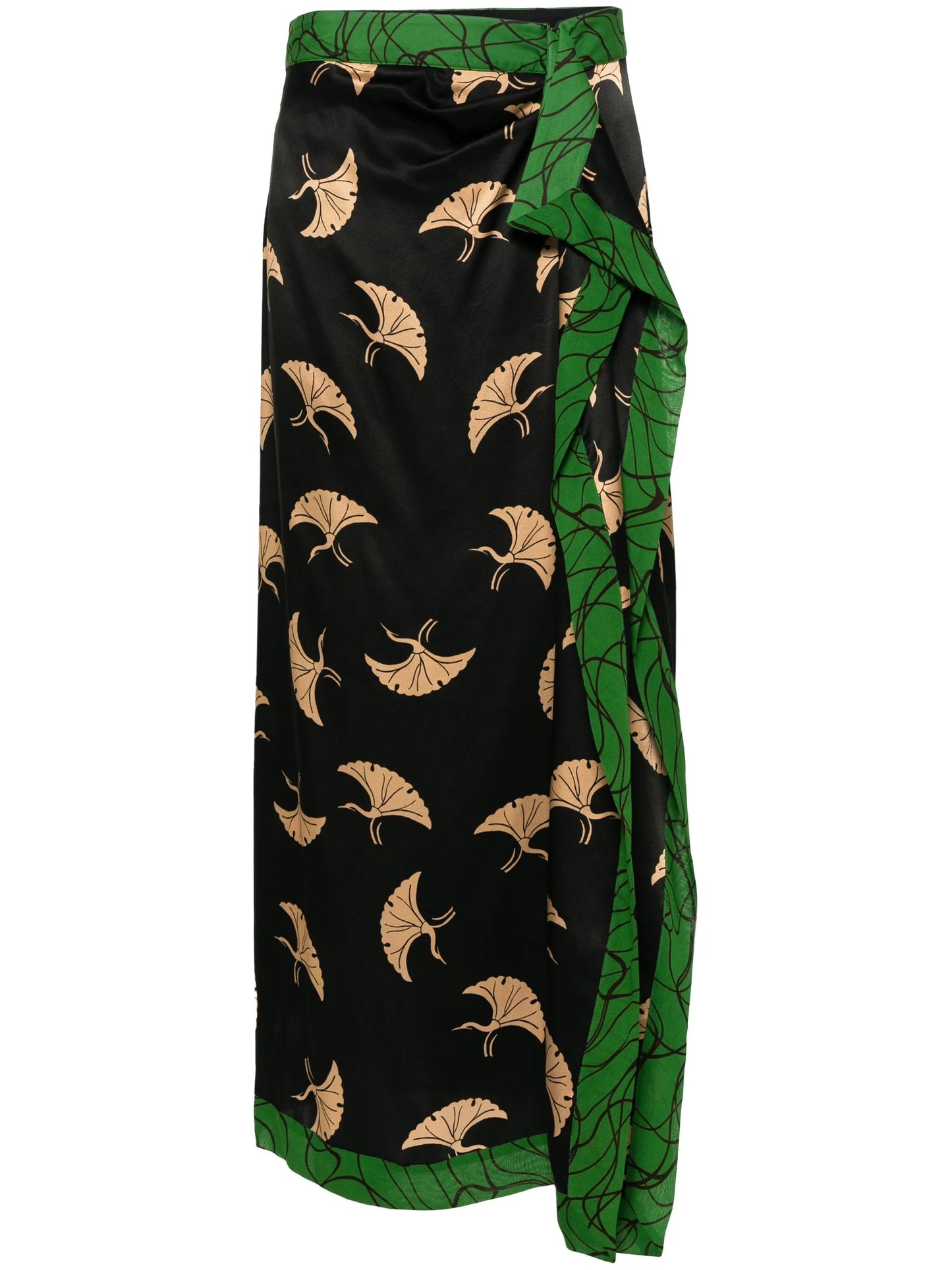peacock-print midi satin skirt