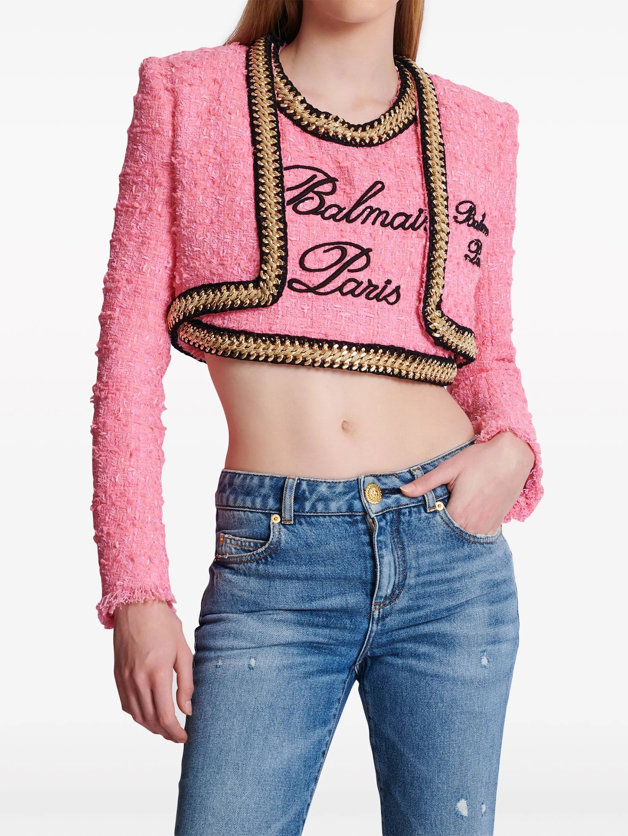 chain-trim tweed cropped jacket