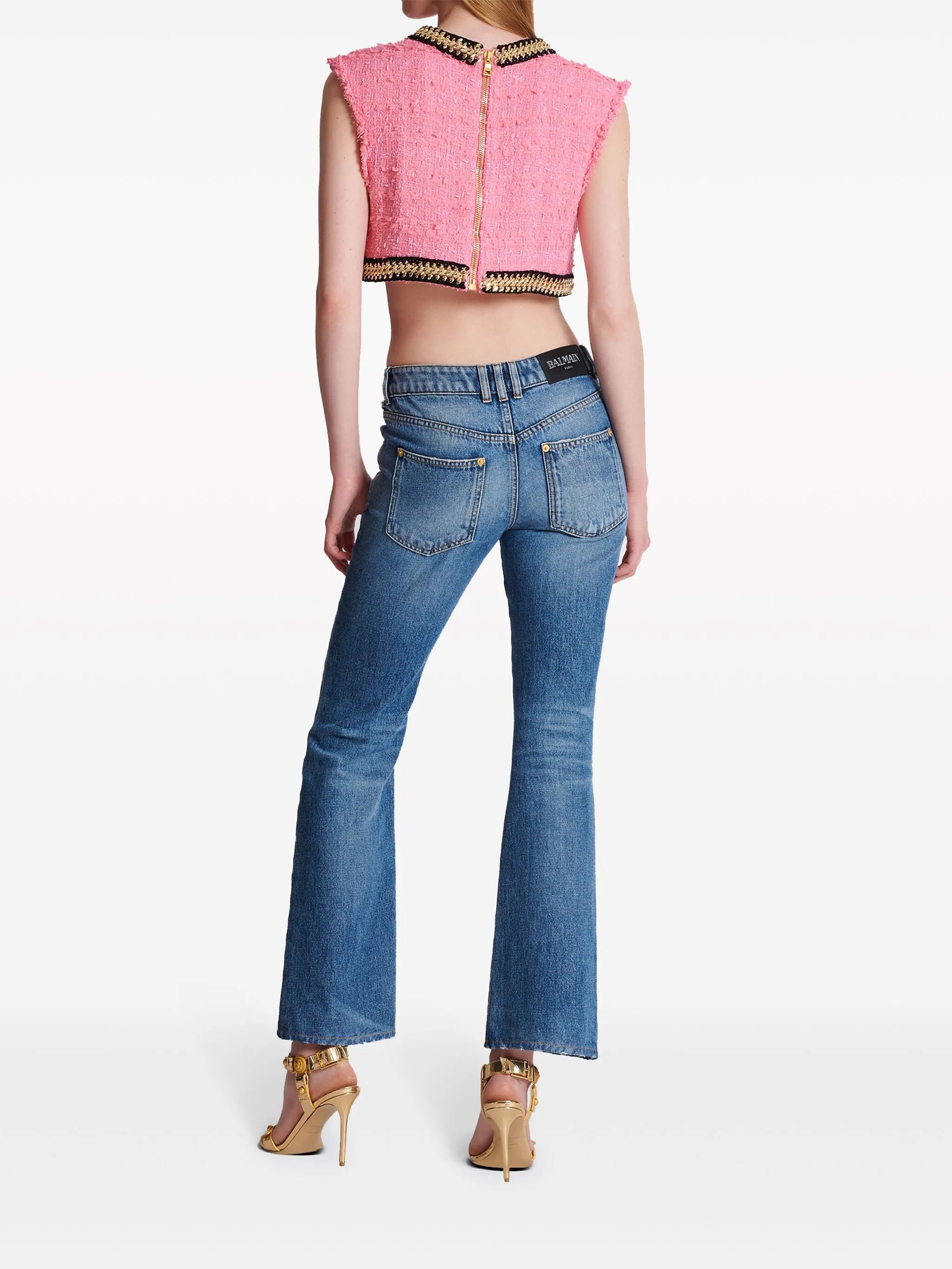 logo-embroidered tweed crop top
