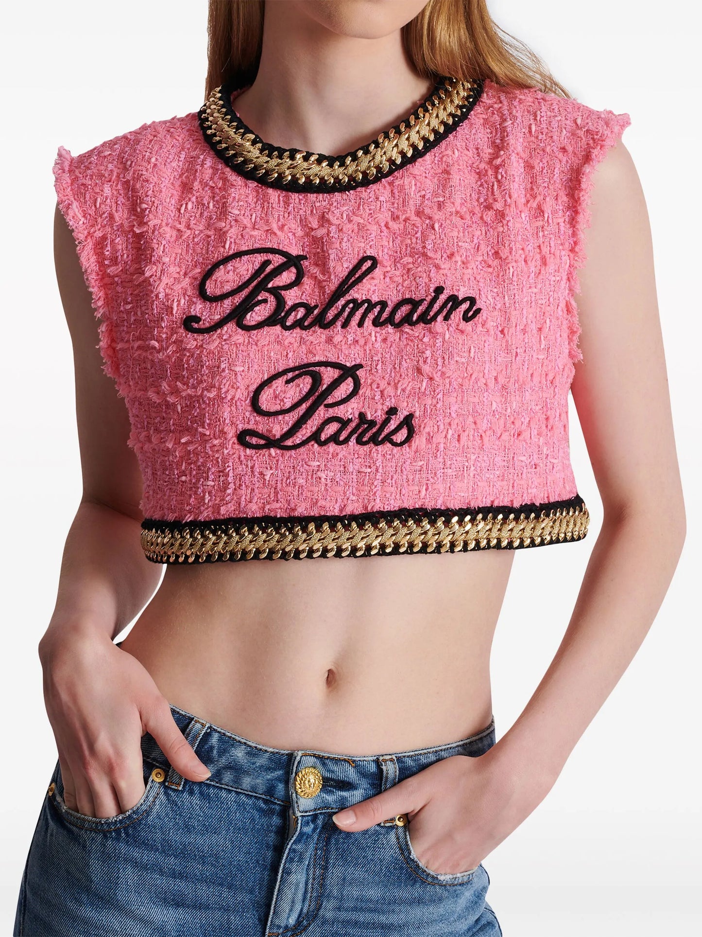 logo-embroidered tweed crop top