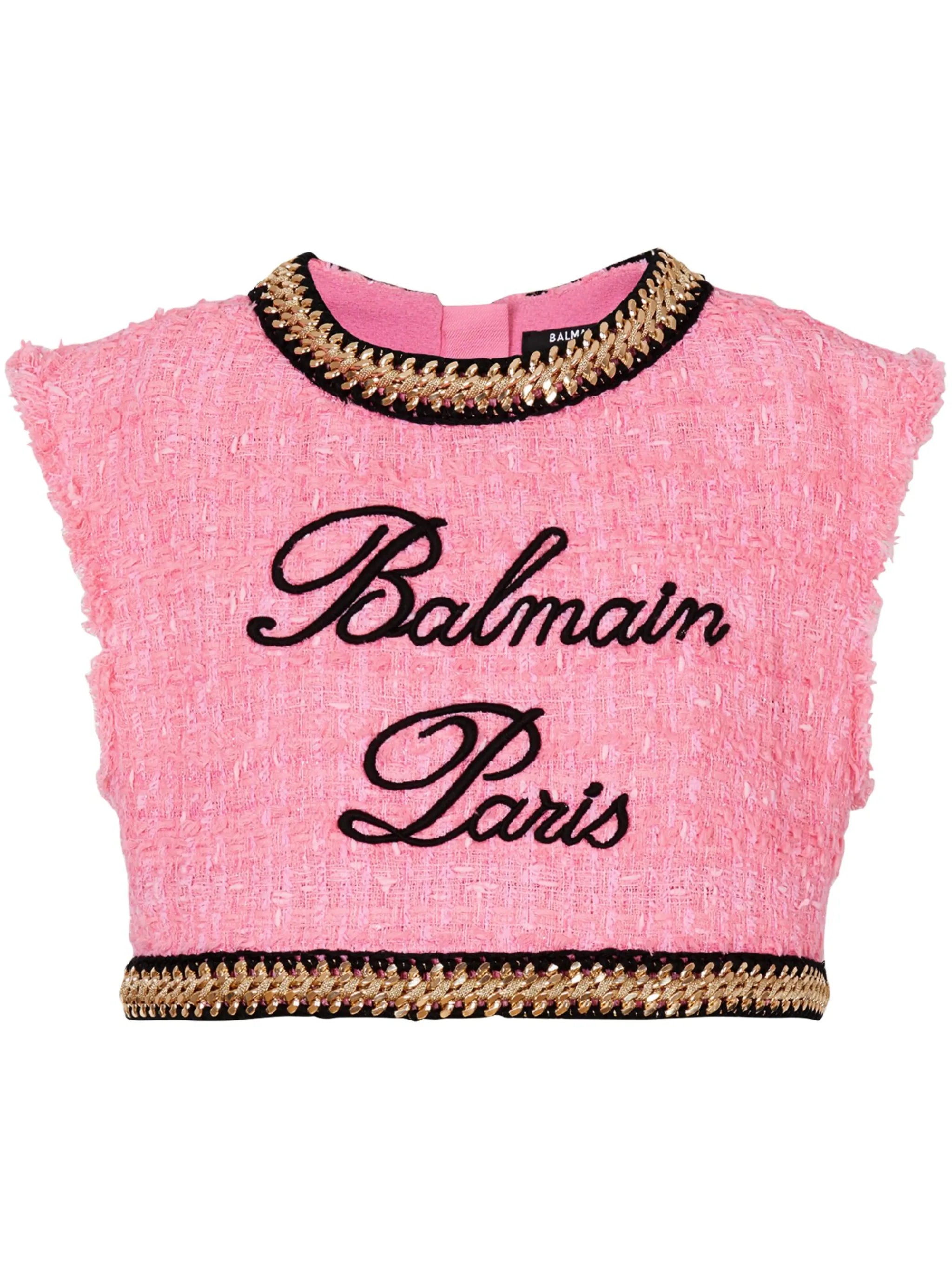 logo-embroidered tweed crop top